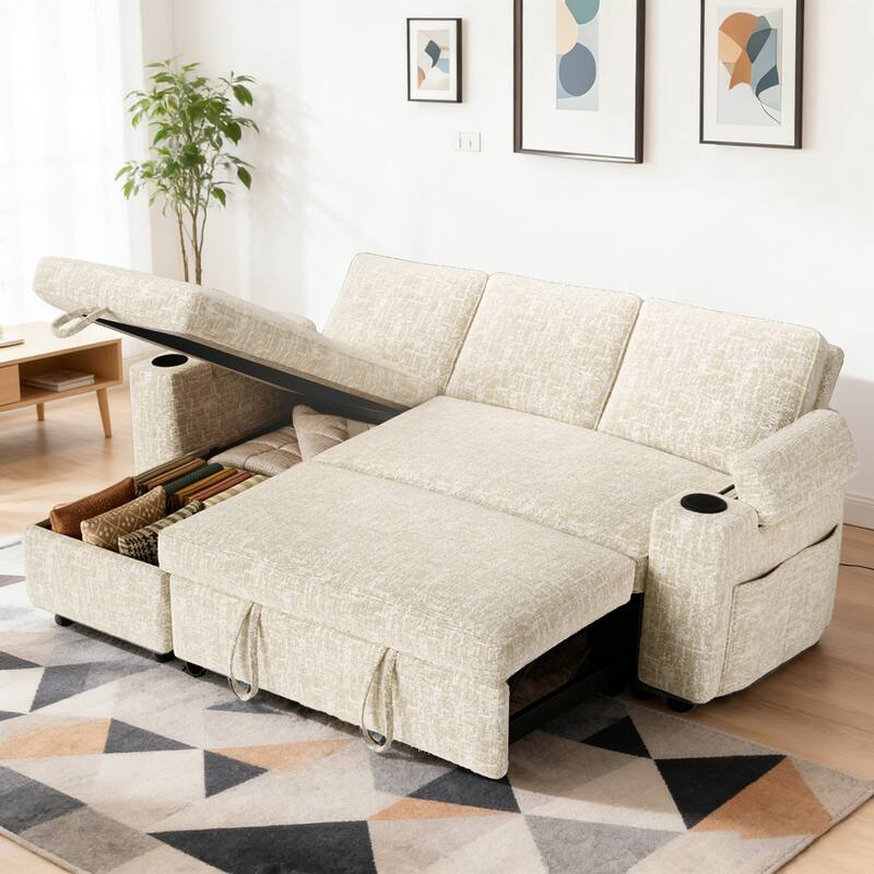 Dyonery - Sectional Sleeper Sofa with Pull Out Couch,Chenille Couch with Storage Chaise & USB Charging, L Shaped Modular Couches - Beige