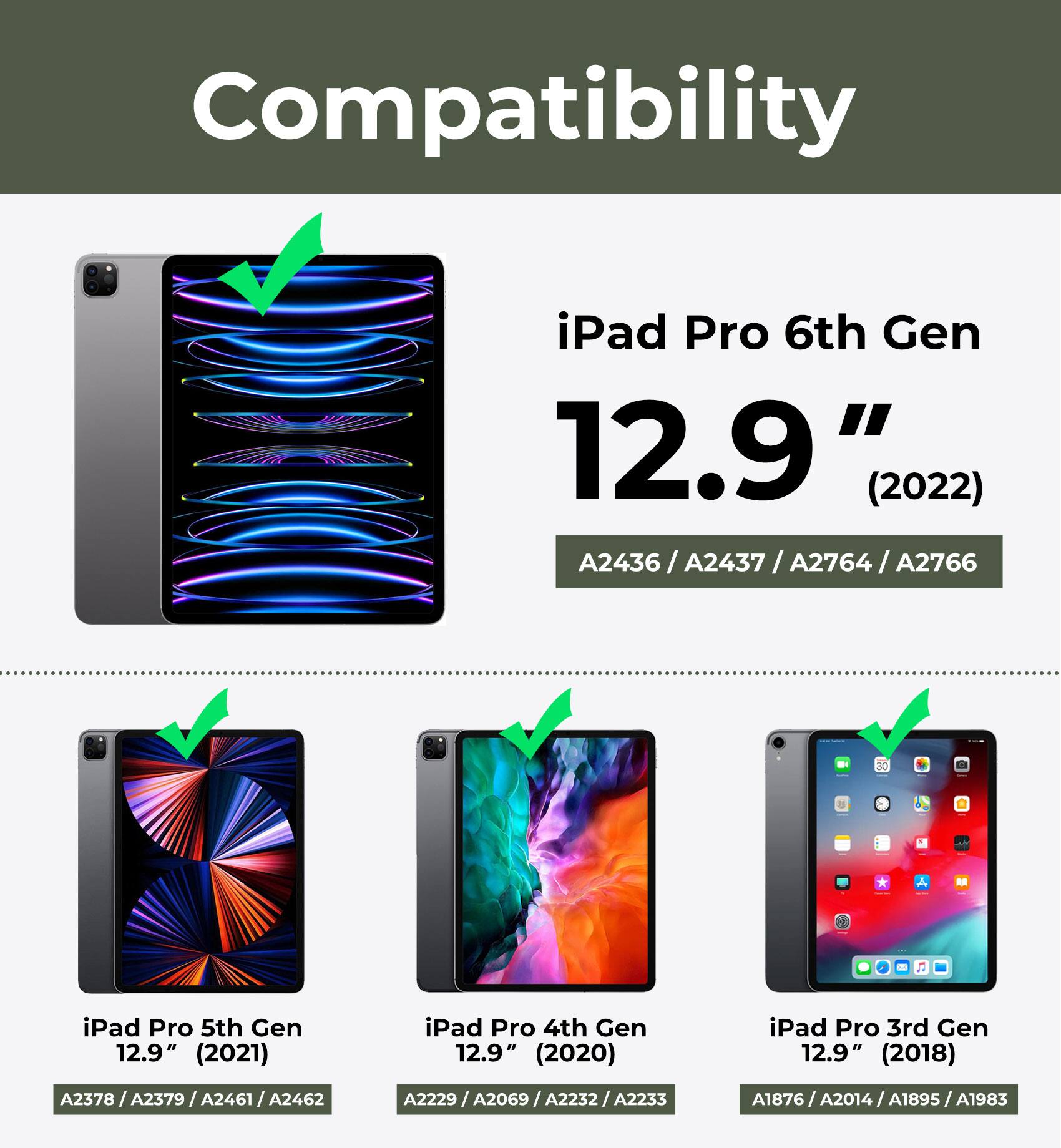 Compatibility  
iPad Pro 6th Gen 12.9" (2022) A2436 / A2437 / A2764 / A2766  
iPad Pro 5th Gen 12.9" (2021) A2378 / A2379 / A2461 / A2462  
iPad Pro 4th Gen 12.9" (2020) A2229 / A2069 / A2232 / A2233  
iPad Pro 3rd Gen 12.9" (2018) A1876 / A2014 / A1895 / A1983
