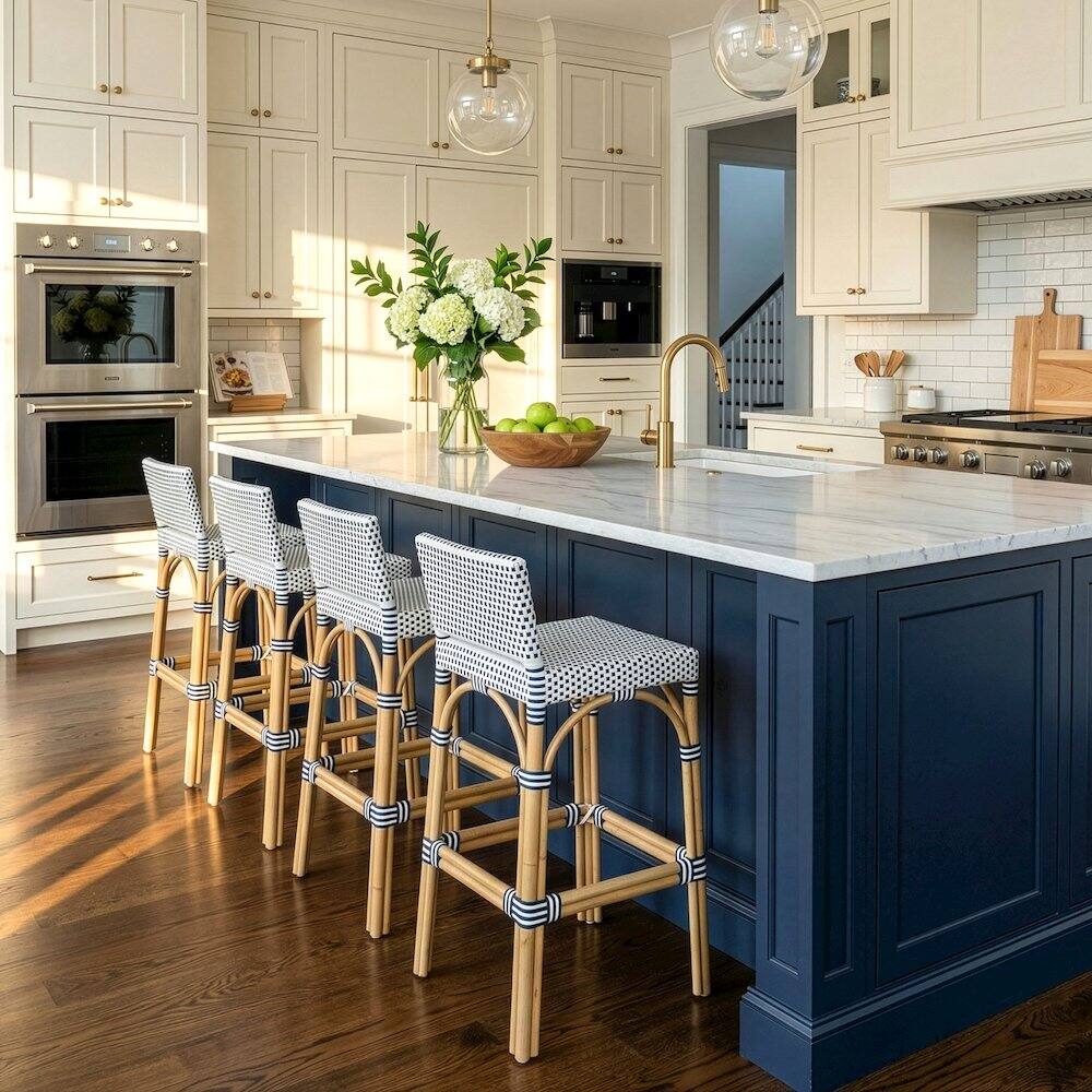 Alt View 4. Butler Specialty - Serienna 30 in. Seat Height Rectangular Rattan Low Back Bar Stool White and Navy - White And Navy.