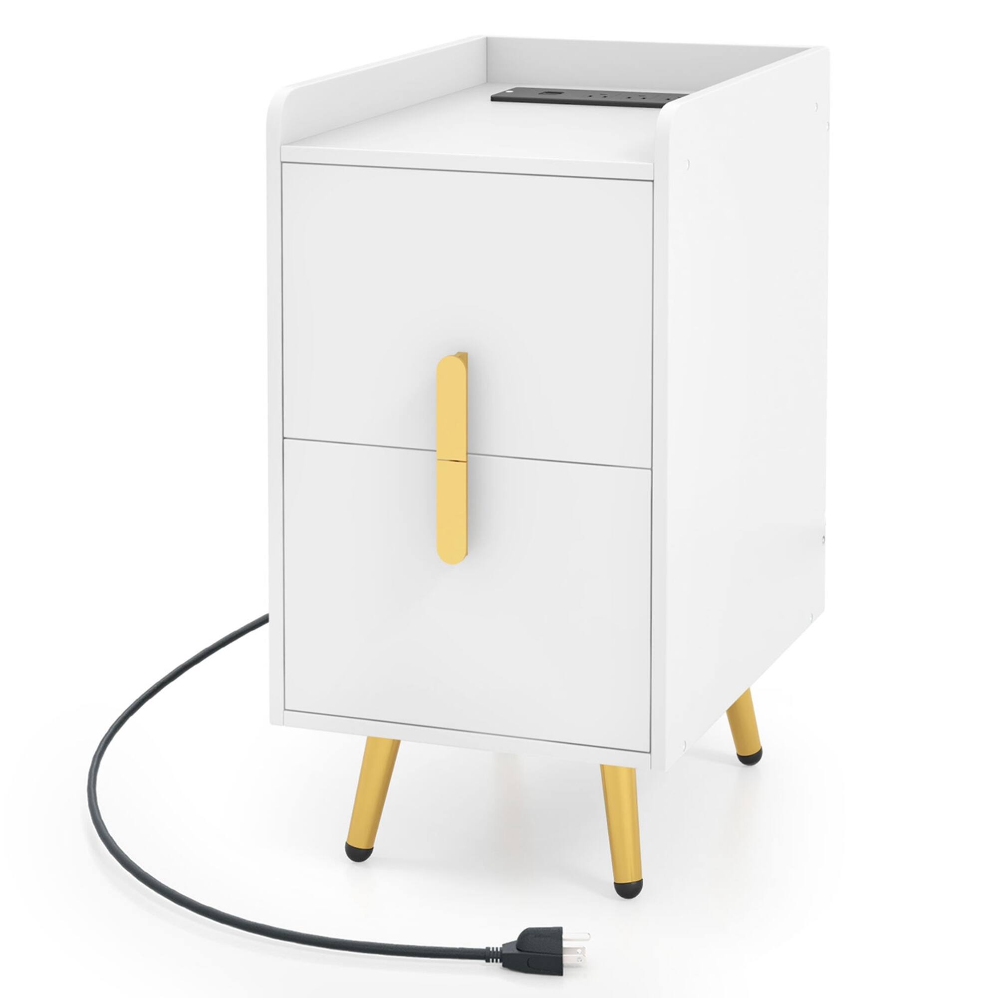 Alt View 19. Costway - Nightstand with Charging Station Home Bedside Sofa Side Tables with 2 Drawers - White.