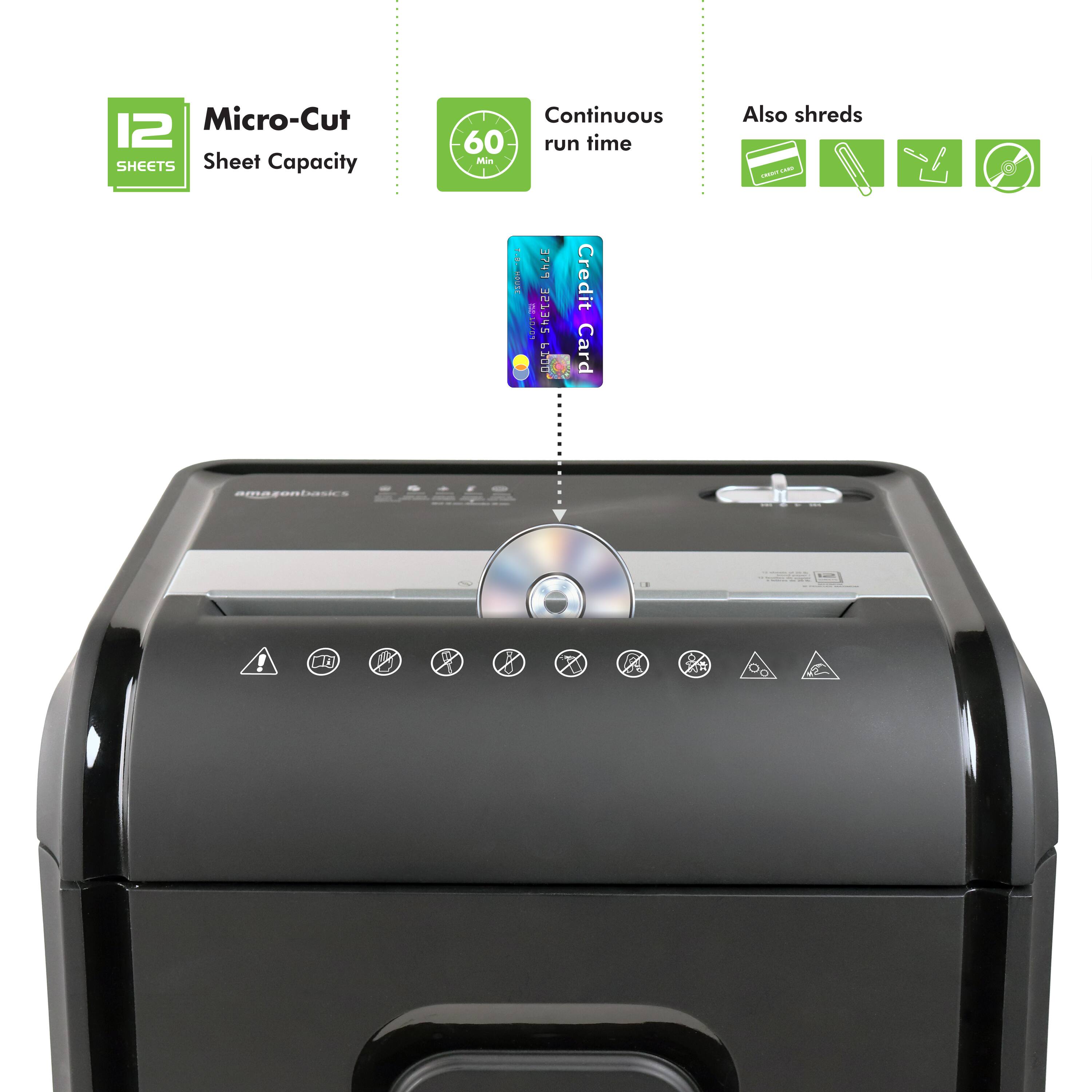 12 Micro-Cut SHEETS Sheet Capacity Continuous 60 run time Min Also shreds - - | 374 P ShETZE + : Credit Card ...F- emscontasics