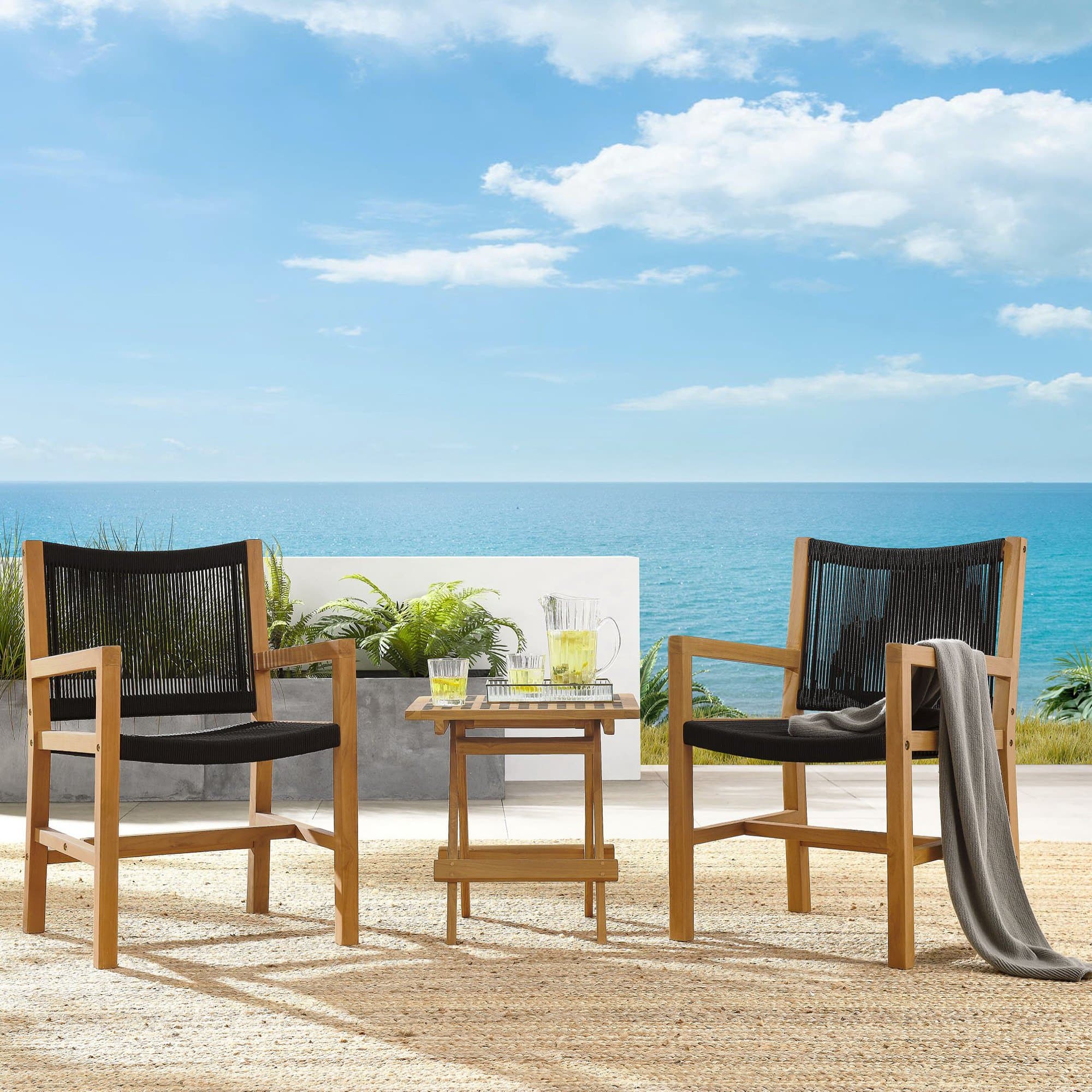 Vienna 3-Piece Outdoor Patio Teak and Rope Armchairs with Folding Side Table by Modway - Natural Black
