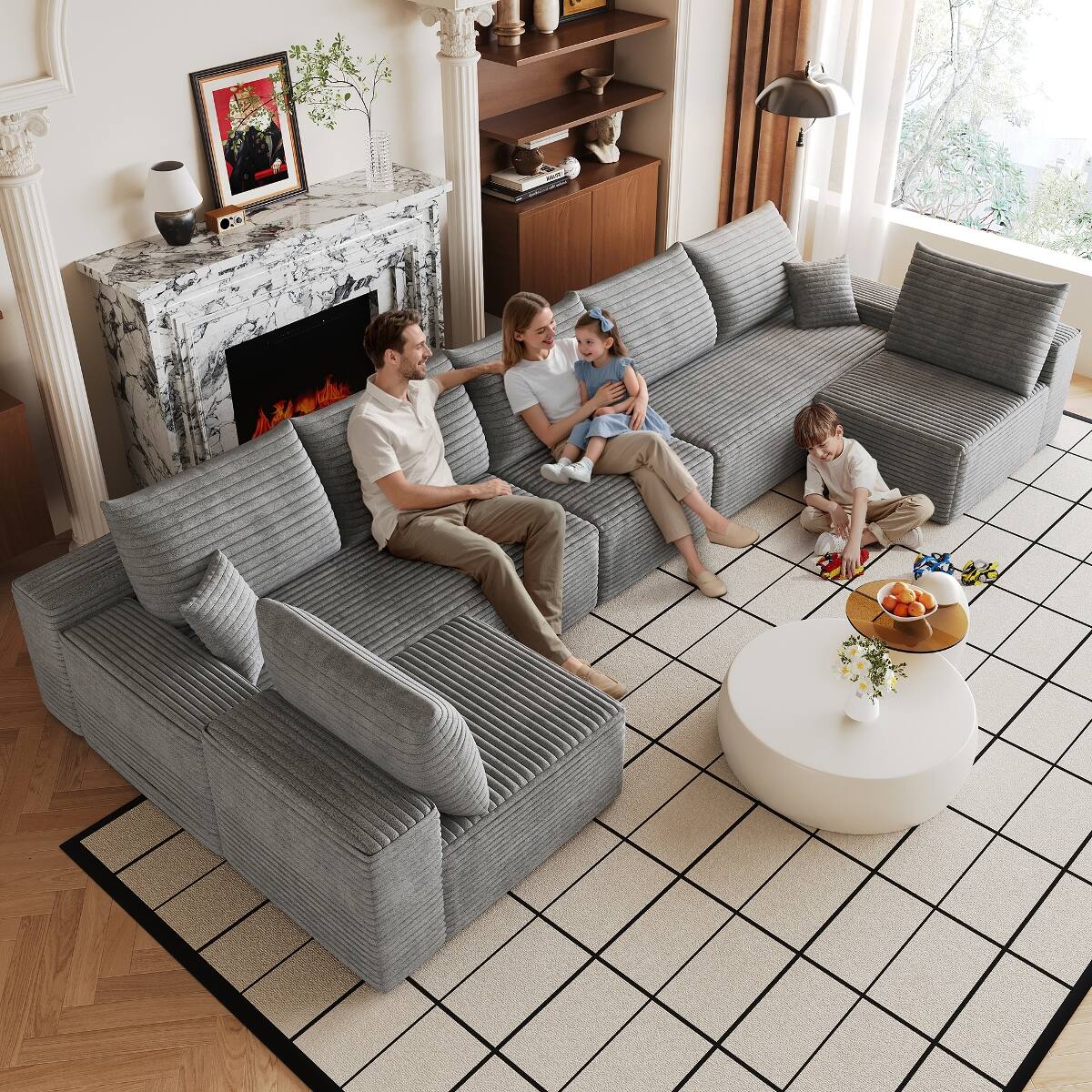 Front. Ropilly - Ropilly 166 Inch U Shaped Sectional Sofa Grey Fabric Deep Seat Corner Couch with Plush Corduroy Upholstery - Grey.