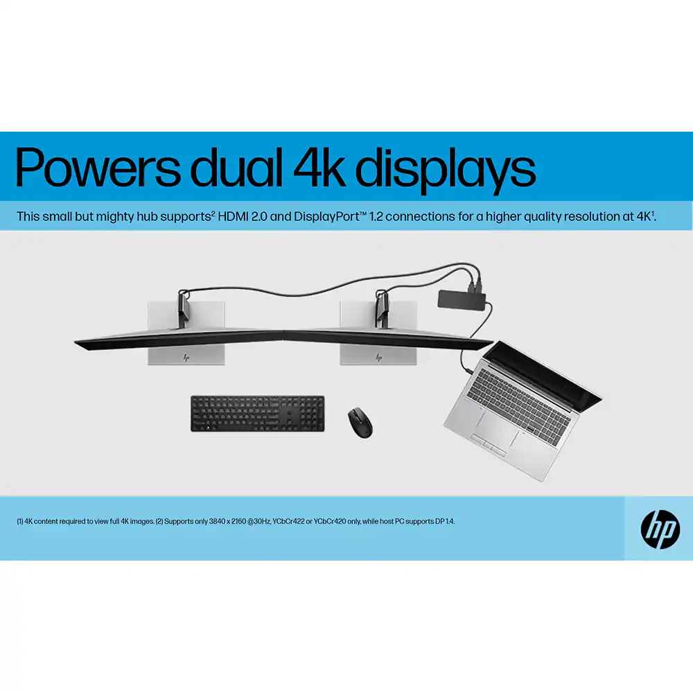 Powers dual 4k displays

This small but mighty hub supports HDMI 2.0 and DisplayPort 1.2 connections for a higher quality resolution at 4K.

[1] 4K content required to view full 4K images. [2] Supports only 3840 x 2160 @ 30Hz. YCbCr422 or YCbCr420 only while host PC supports DP 1.4.