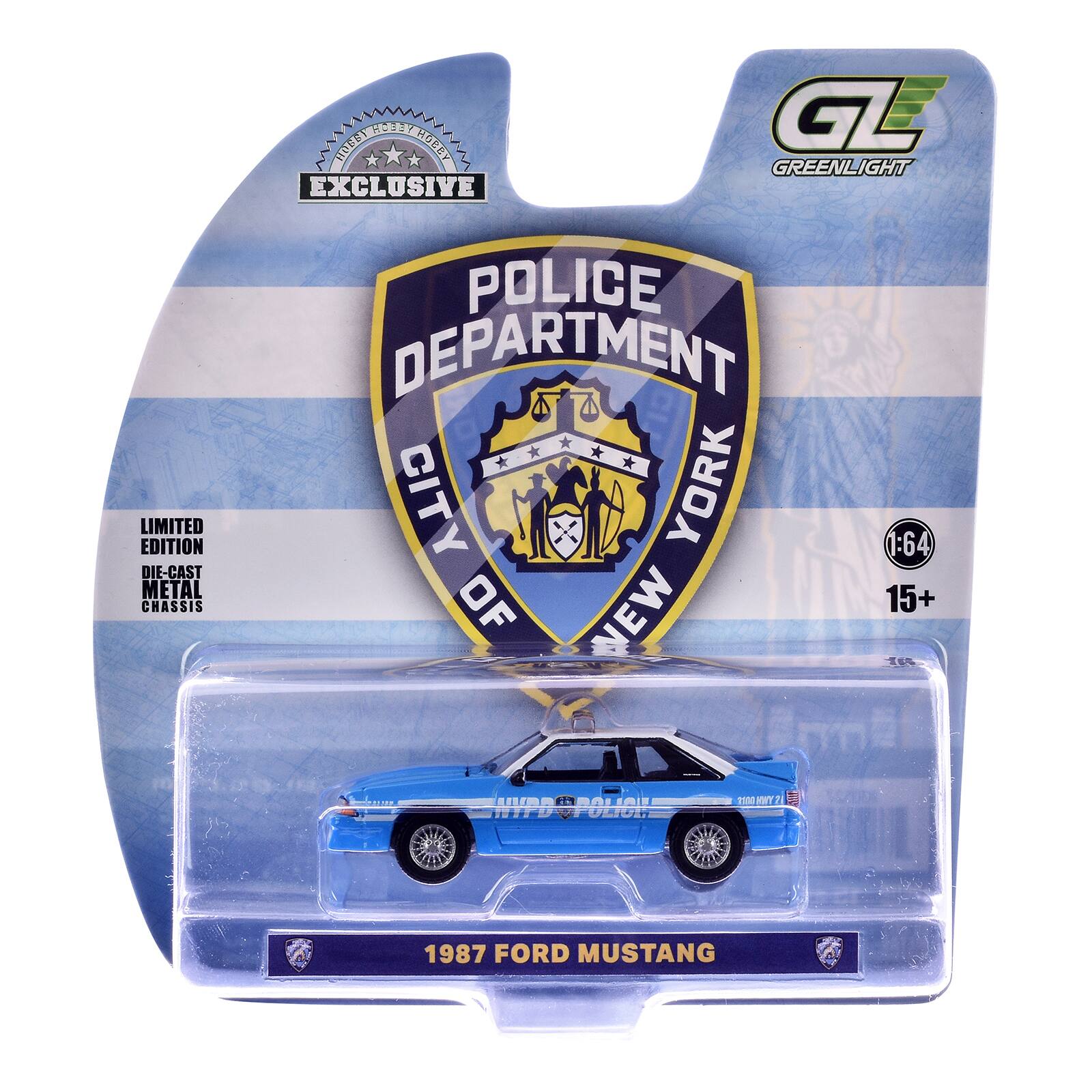 HOBBY EXCLUSIVE  
GL GREENLIGHT  
LIMITED EDITION DIE-CAST METAL CHASSIS  
POLICE DEPARTMENT CITY OF NEW YORK  
1:64 15+  
NYPD POLICE  
1100 HWY  
SWE  
1987 FORD MUSTANG