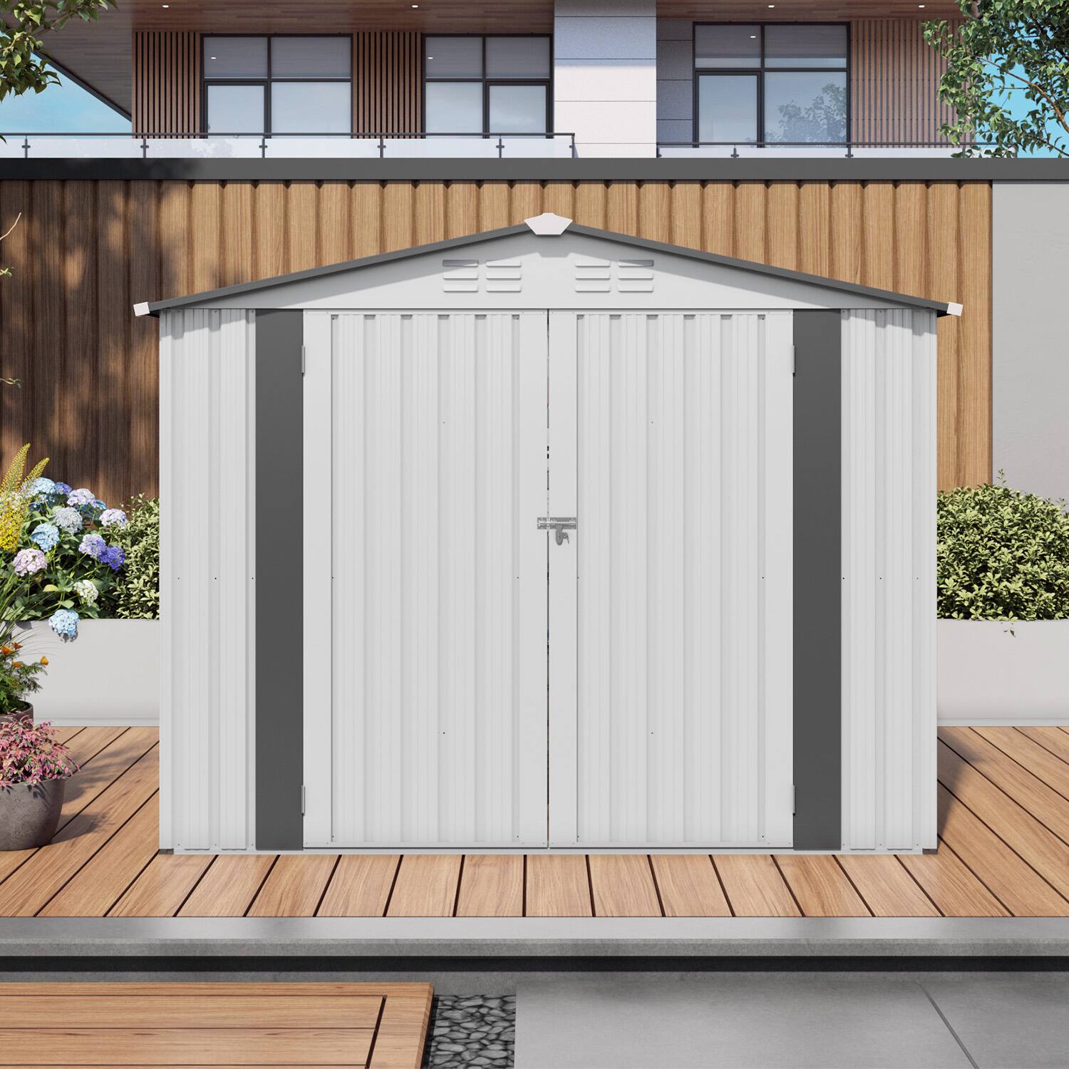 Left. Mondawe - 8X6 FT Metal Outdoor Storage Shed with Pitched Roof,Side Window and Lockable Door - White+gray.