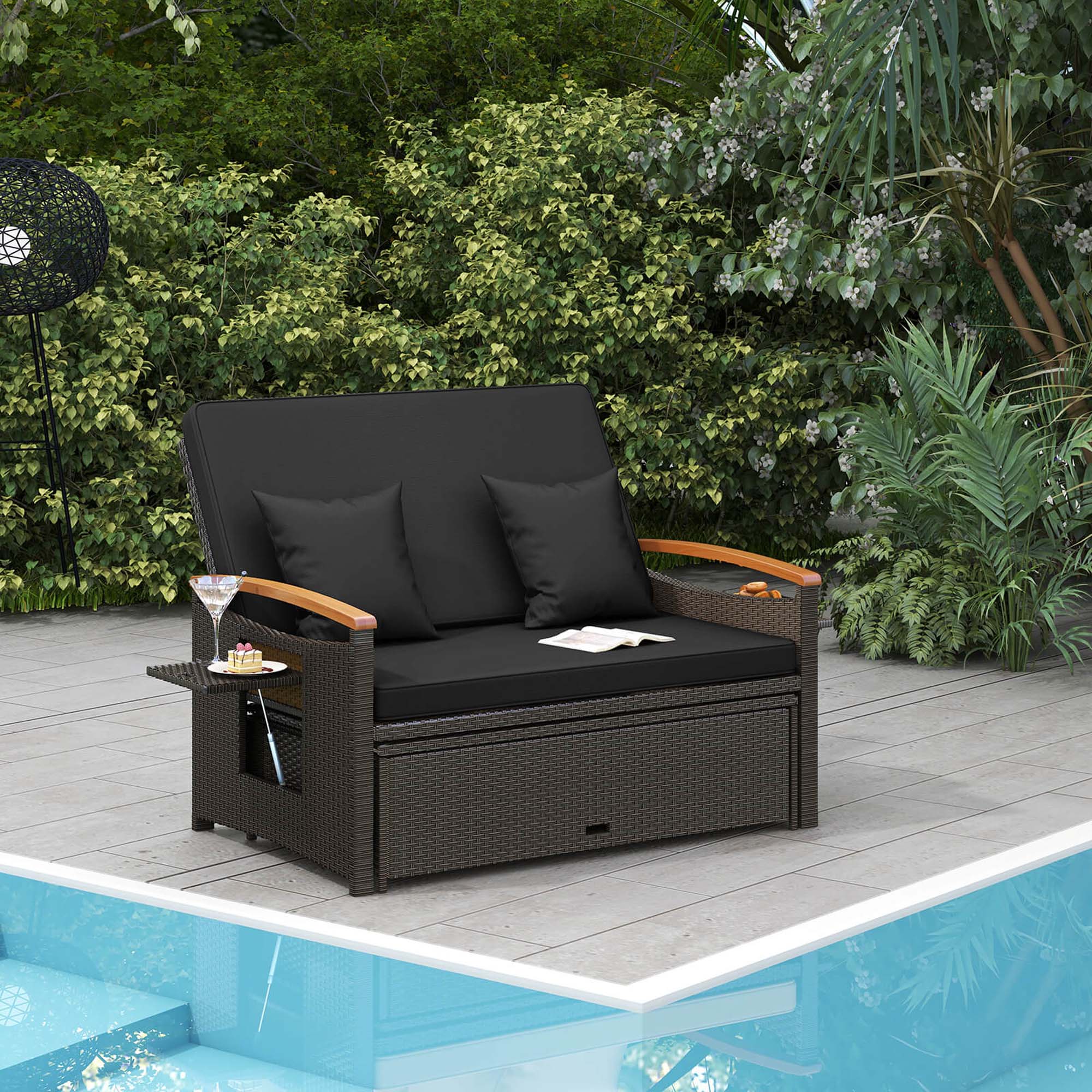 Alt View 4. Costway - Patio Rattan Daybed Set with Cushioned Loveseat & Storage Ottoman for Porch - Black + Mix Brown.