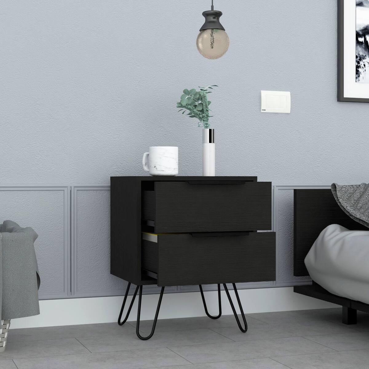 Alt View 2. Loheer - Loheer Black Nightstand with Two Drawers, Modern Bedside Table with Storage - Black.