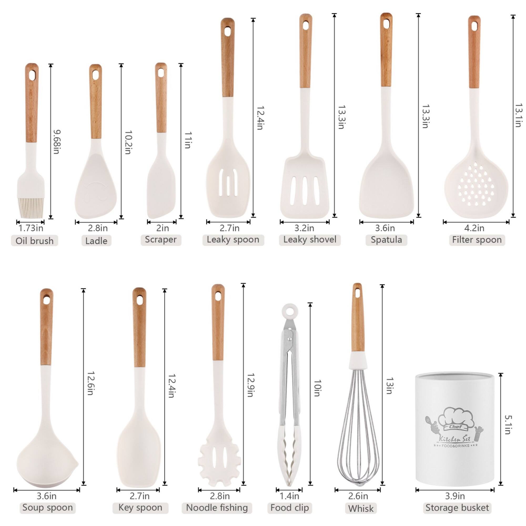 - Oil brush: 9.68in x 1.73in
- Ladle: 10.2in x 2.8in
- Scraper: 11in x 2in
- Leaky spoon: 12.4in x 2.7in
- Leaky shovel: 13.3in x 3.2in
- Spatula: 13.3in x 3.6in
- Filter spoon: 13.1in x 4.2in
- Soup spoon: 12.6in x 3.6in
- Key spoon: 12.4in x 2.7in
- Noodle fishing: 12.9in x 2.8in
- Food clip: 10in x 1.4in
- Whisk: 13in x 2.6in
- Storage basket: 5.1in x 3.9in