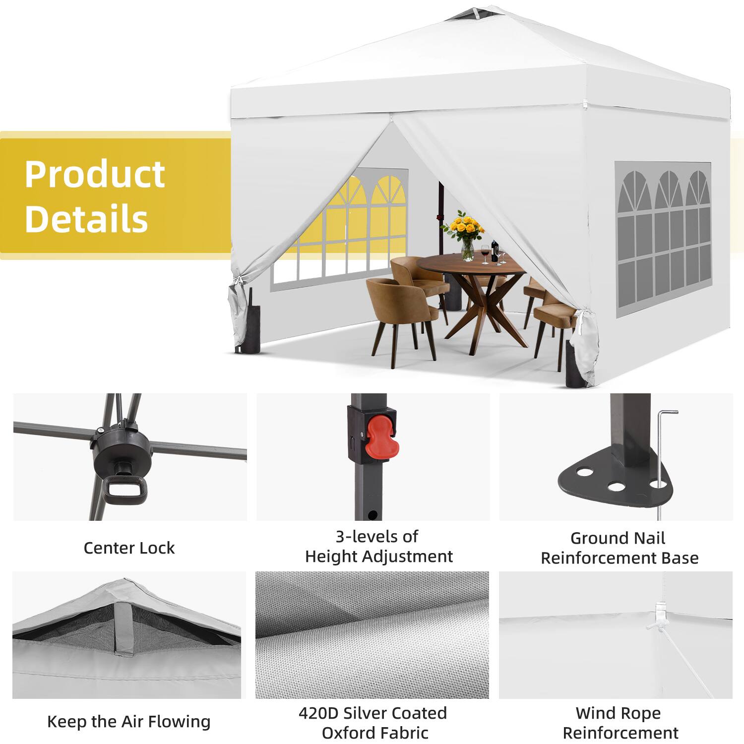 Product Details  
- Center Lock  
- 3-levels of Height Adjustment  
- Ground Nail Reinforcement Base  
- Keep the Air Flowing  
- 420D Silver Coated Oxford Fabric  
- Wind Rope Reinforcement
