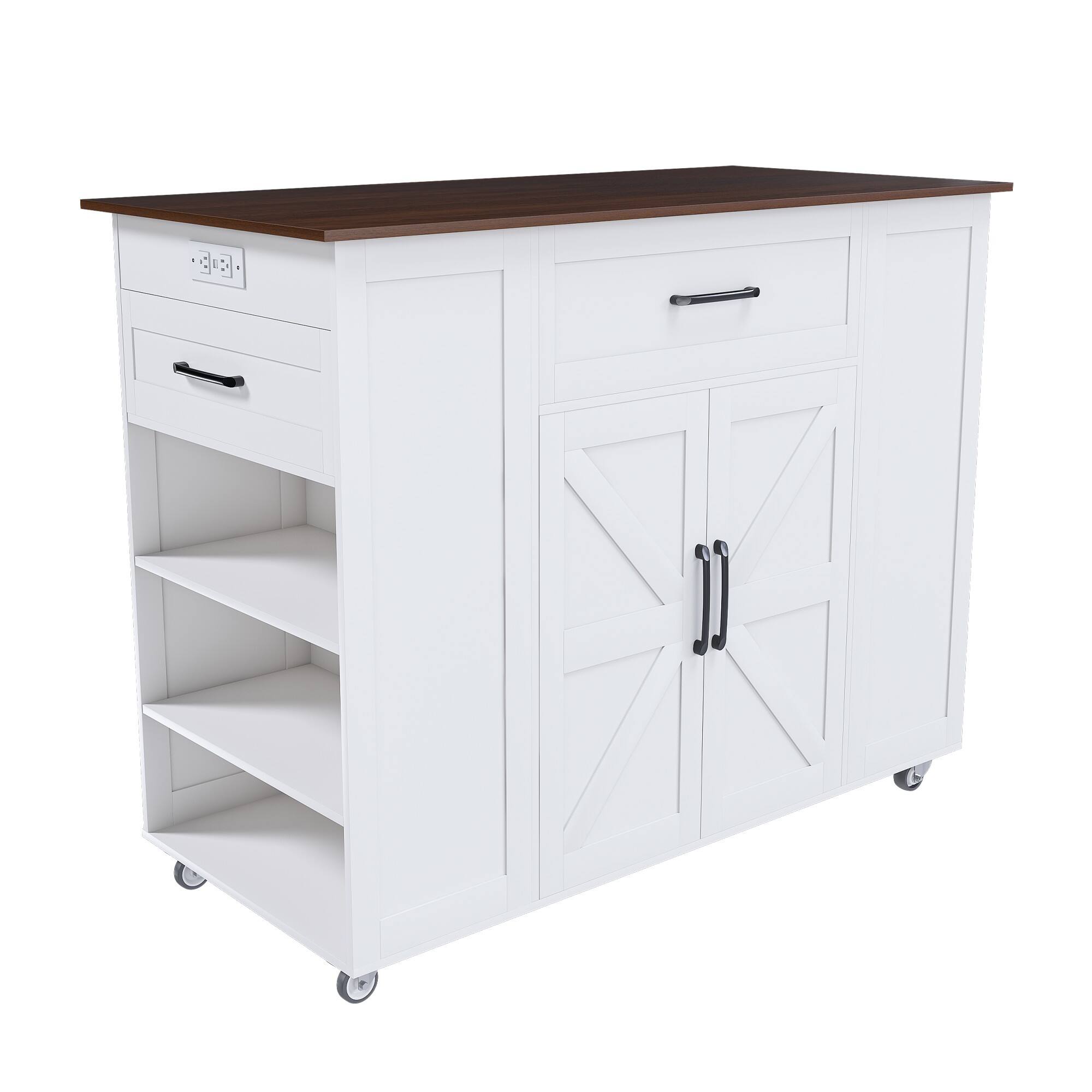 Front. Ecooso - 46" Kitchen Island Cart with Built-in Outlets, Storage Drawers, Cabinet, Adjustable Shelves, and Lockable Wheels - White+Walnut.
