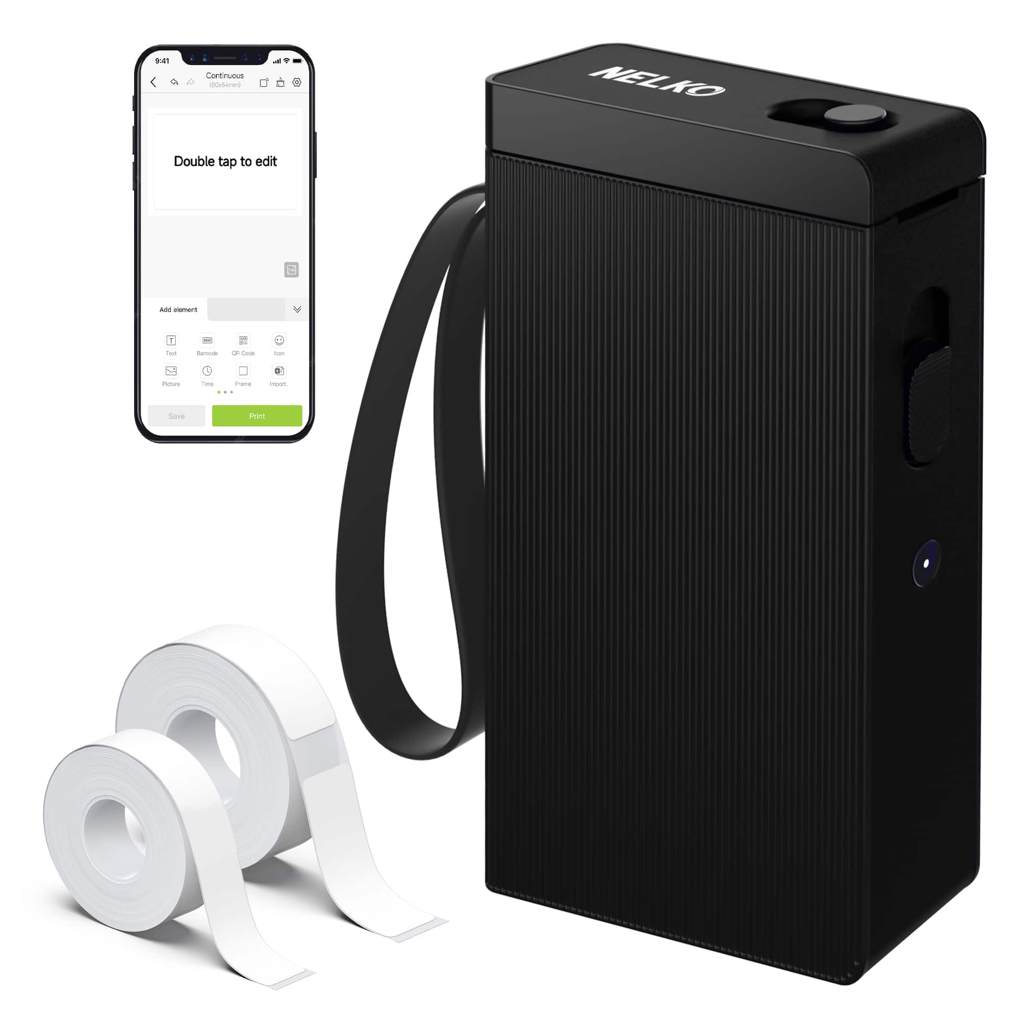 Nelko - P22 Bluetooth Thermal Label Printer + 100pcs Roll + 180pcs Roll - Black