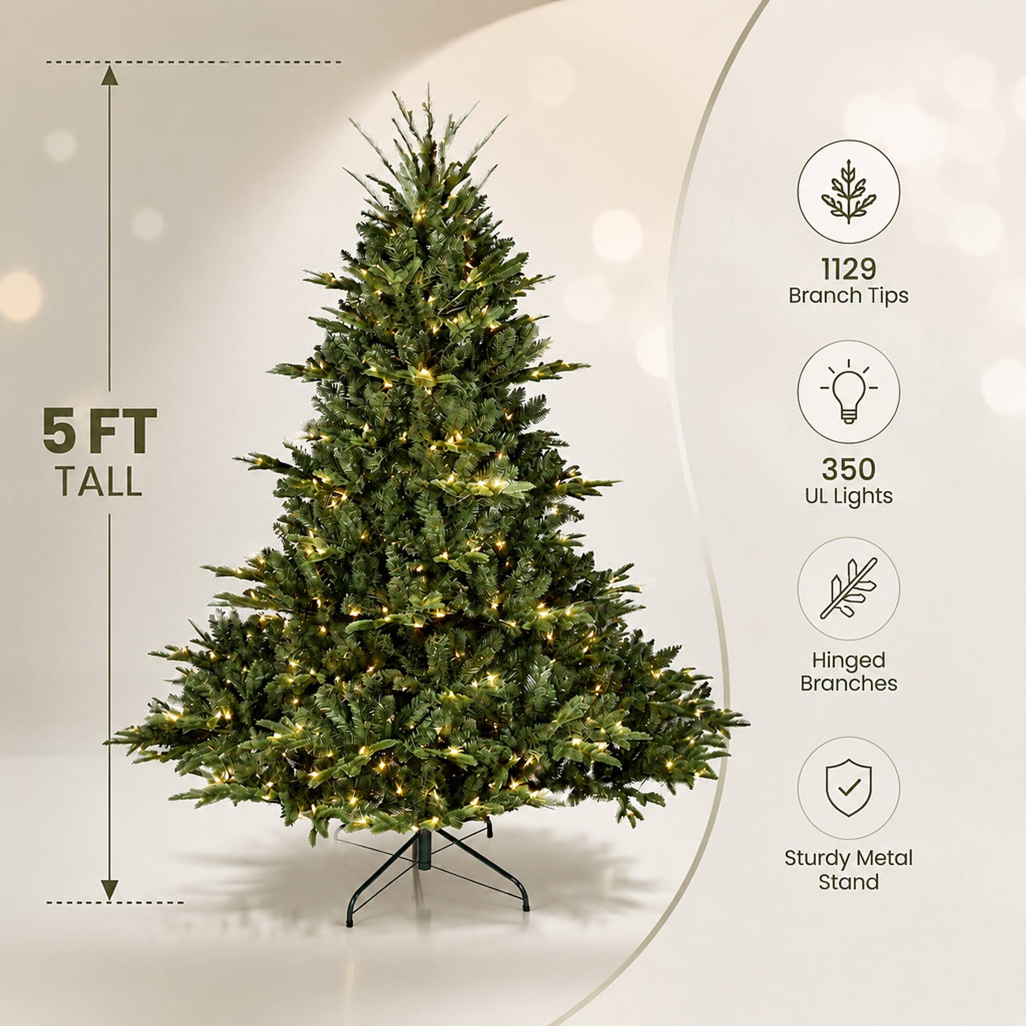 1129 Branch Tips  
5FT TALL  
350 UL Lights  
Hinged Branches  
Sturdy Metal Stand