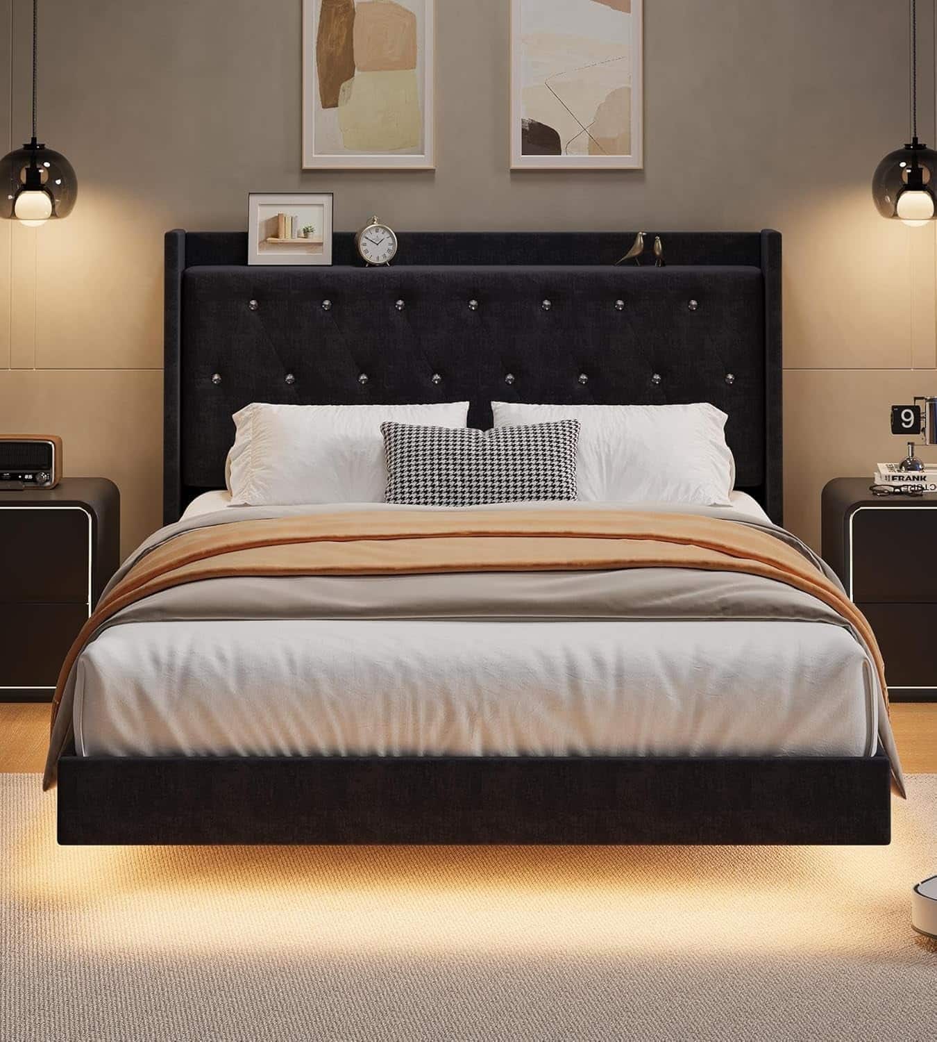 GARVEE - Full Floating Bed Frame with LED Lights, Velvet, Storage Headboard, Space-Saving & Stylish - Black