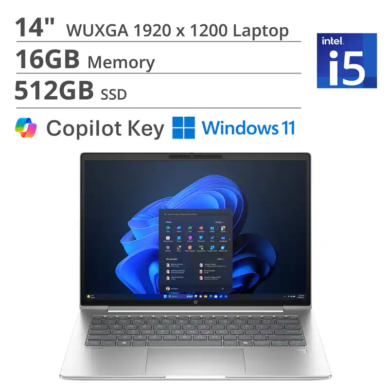 14" WUXGA 1920 x 1200 Laptop  
16GB Memory  
512GB SSD  
Copilot Key  
Windows 11  
Intel i5