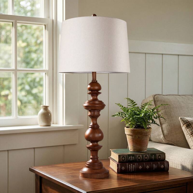 Front. partphoner - Dark Brown Turned Spindle Wood Table Lamp - Brown.