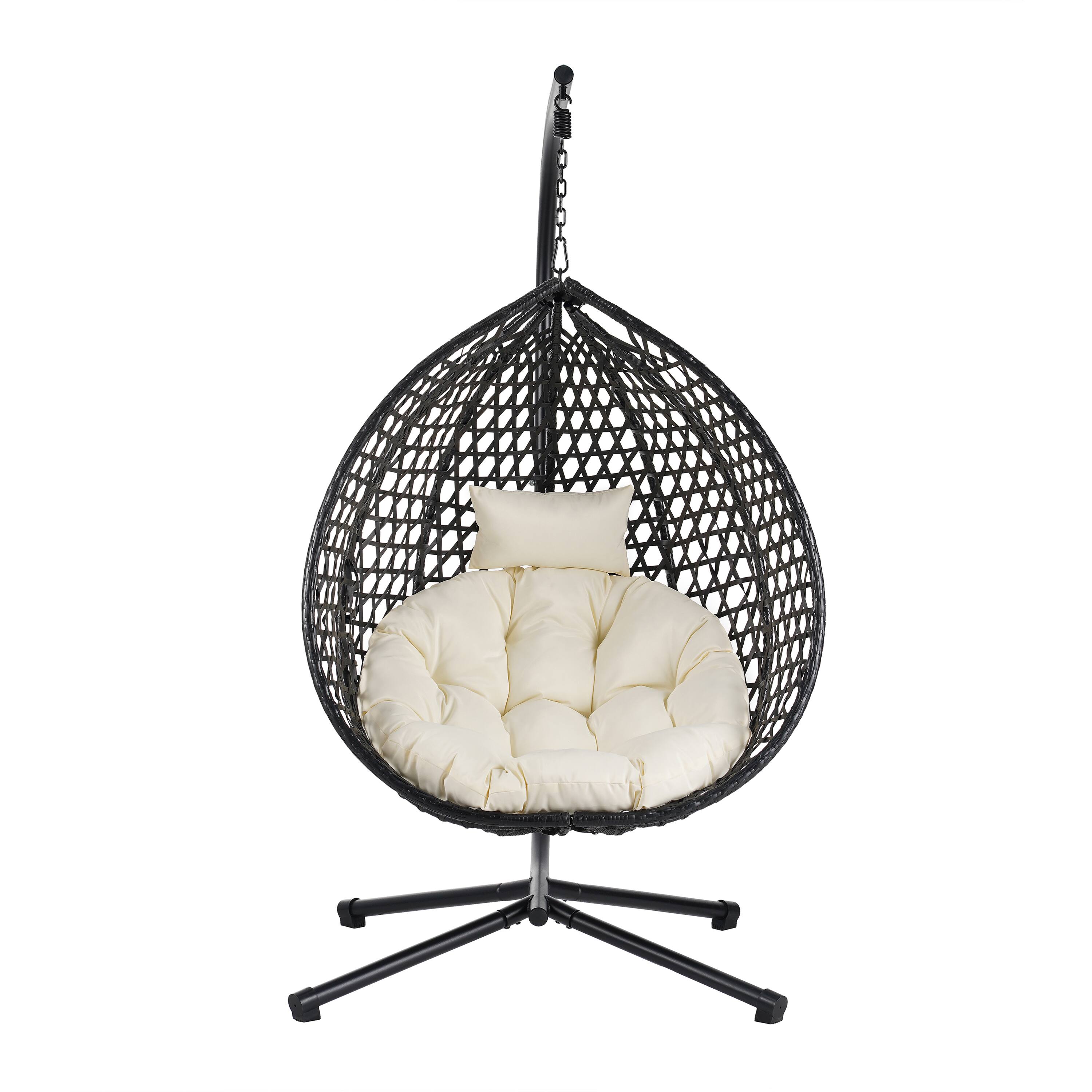 Back. Whisen - Foldable Hanging Egg Chair with Stand, Sturdy Outdoor Swing Chair with Soft Removable Cushion - Black.