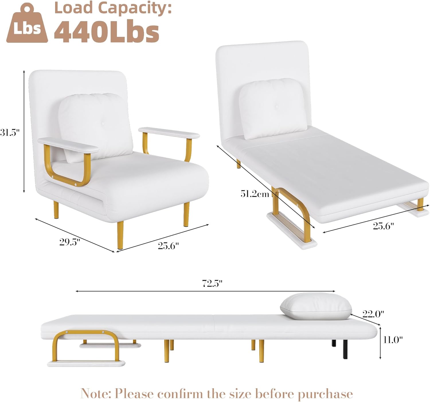 Load Capacity: 440Lbs

- Height: 31.5"
- Width: 29.5"
- Depth: 25.6"
- Seat Height: 51.2cm
- Length: 72.5"
- Width of Footrest: 22.0"
- Height of Footrest: 11.0"

Note: Please confirm the size before purchase