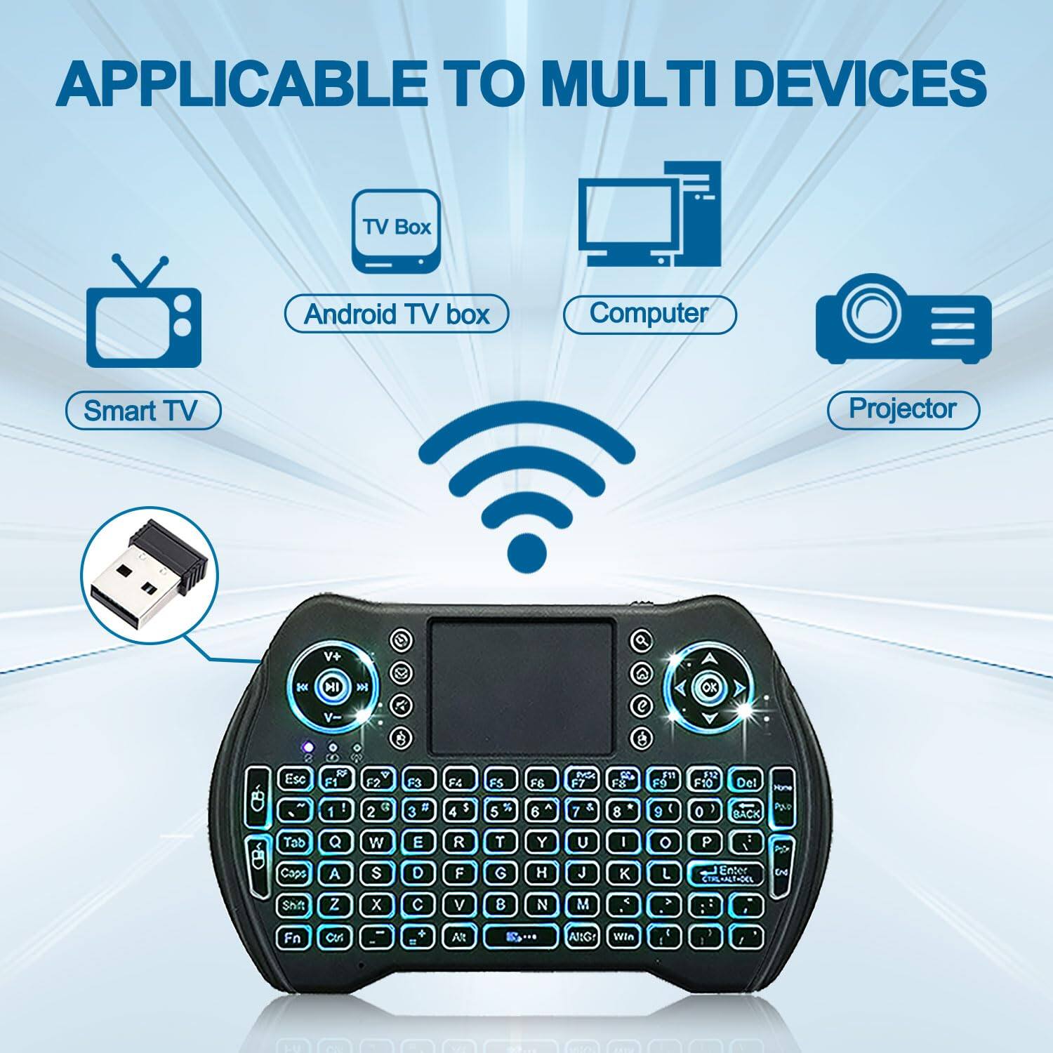 APPLICABLE TO MULTI DEVICES

- Smart TV
- TV Box
- Android TV box
- Computer
- Projector

V+ V- Esc 1 F1 Y F2 F3 F4 F5 F6 P 7 1 F8 M F9 1N F10 Del Hoa - 1 ! 2 a 3 . 4 $ 5  6 A 7 & 8 9  0 , BACK Po.t Tab Q W E R T Y U I o P : 1  Caps A S D F G H J K L EROer CTmL AALTADEL  Shit Z x C V B N M < V : a Fn Cos + - At D AlIG Win 2  I I J - - -