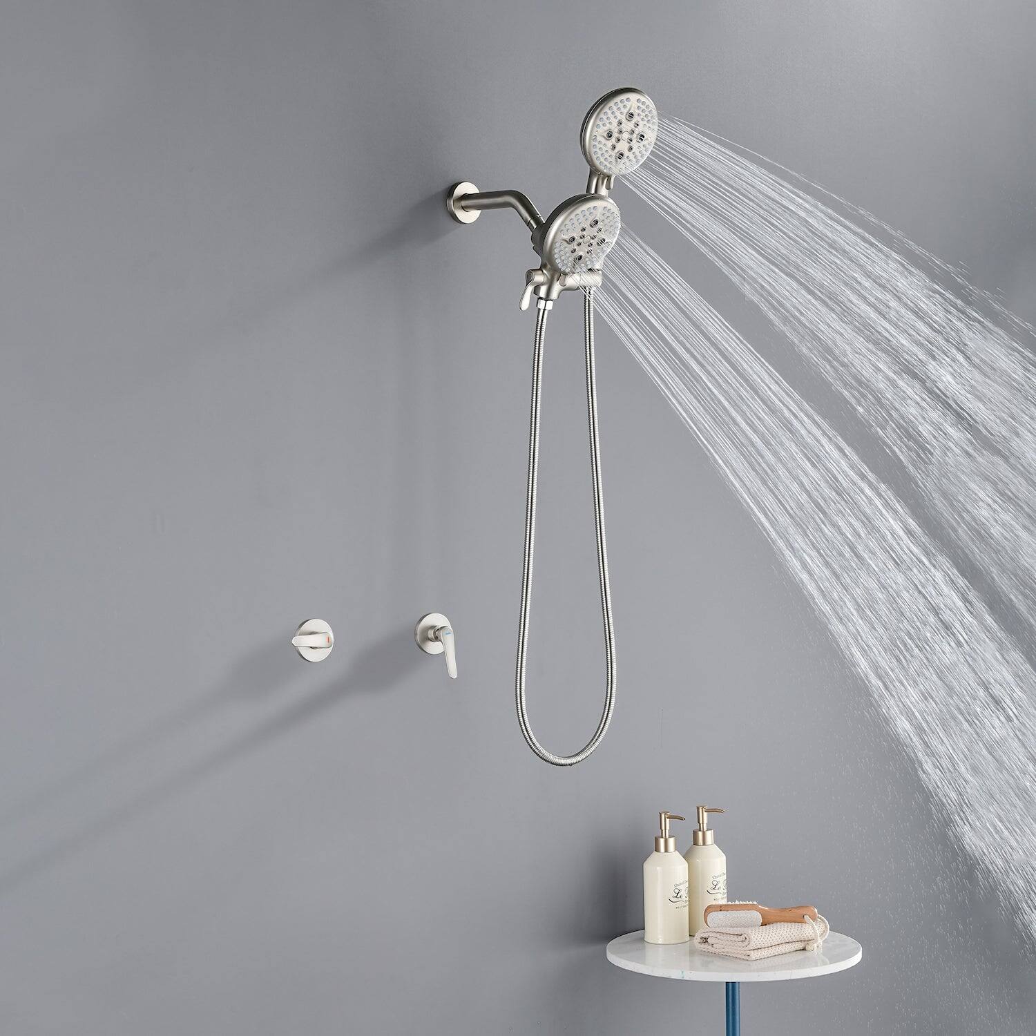 Alt View 3. Boyel Living - Brushed Nickel Shower Set with Dual Handles and 5 Function ABS Dual Shower Heads - Brushed Nickel.