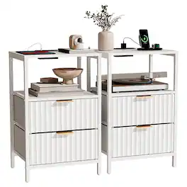 Winado - Set of 2 Fluted Nightstand with Charging Station 2 Fabric Drawers and Shelves USB Type-C AC Outlets Front Bedside Table - White