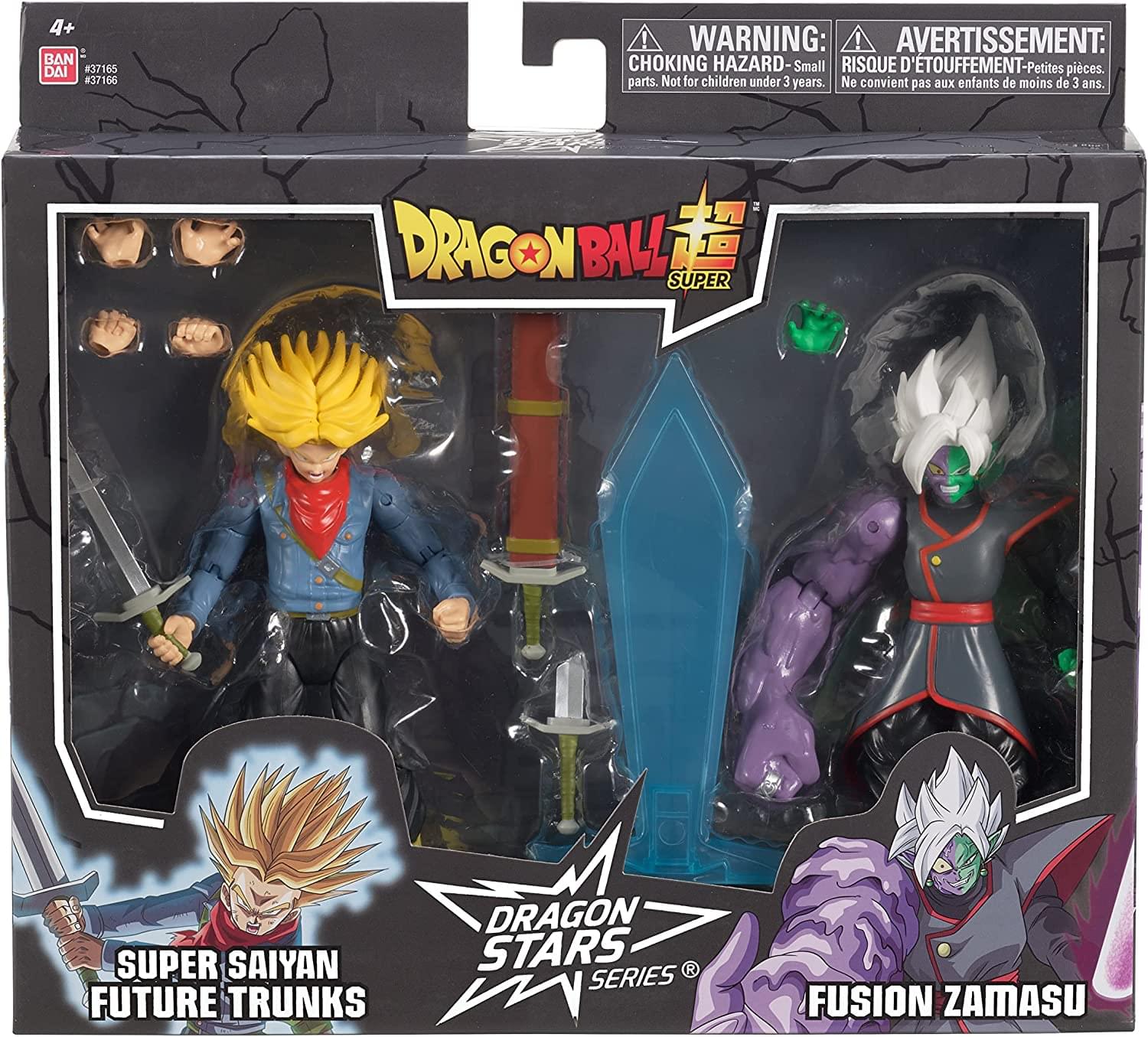 4+  
BAN DAI  
#39165  
#39166  

WARNING: CHOKING HAZARD - Small parts. Not for children under 3 years.  
AVERTISSEMENT: RISQUE D'ÉTOUFFEMENT - Petites pièces. Ne convient pas aux enfants de moins de 3 ans.  

DRAGON BALL SUPER  
DRAGON STARS SERIES  

SUPER SAIYAN  
FUTURE TRUNKS  

FUSION ZAMASU
