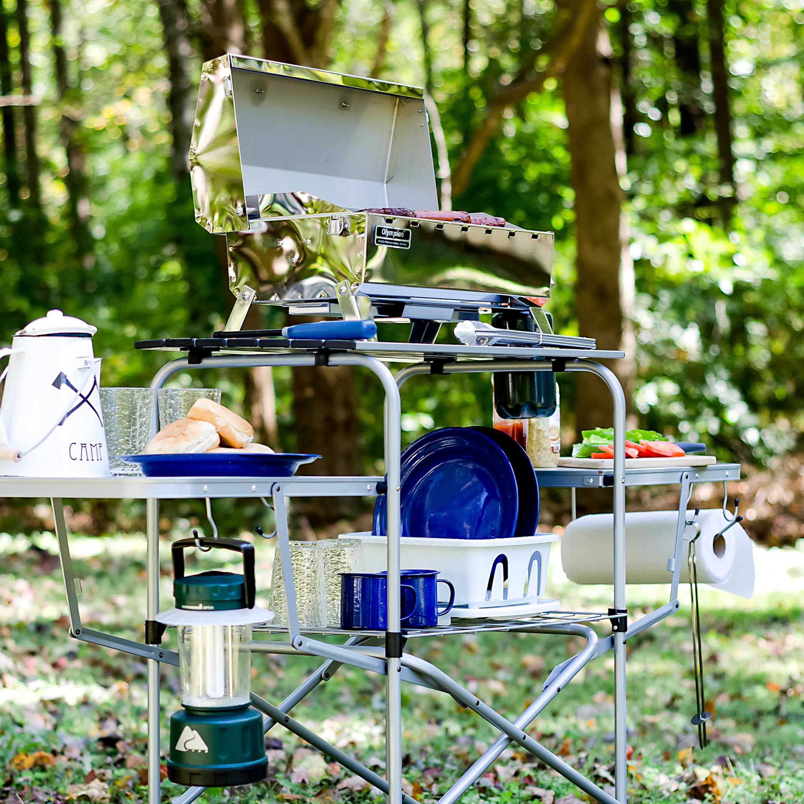 Alt View 2. Camco - Camco Deluxe Folding Outdoor Steel Grill Table with Side Tables, Hooks, and Case - Silver.