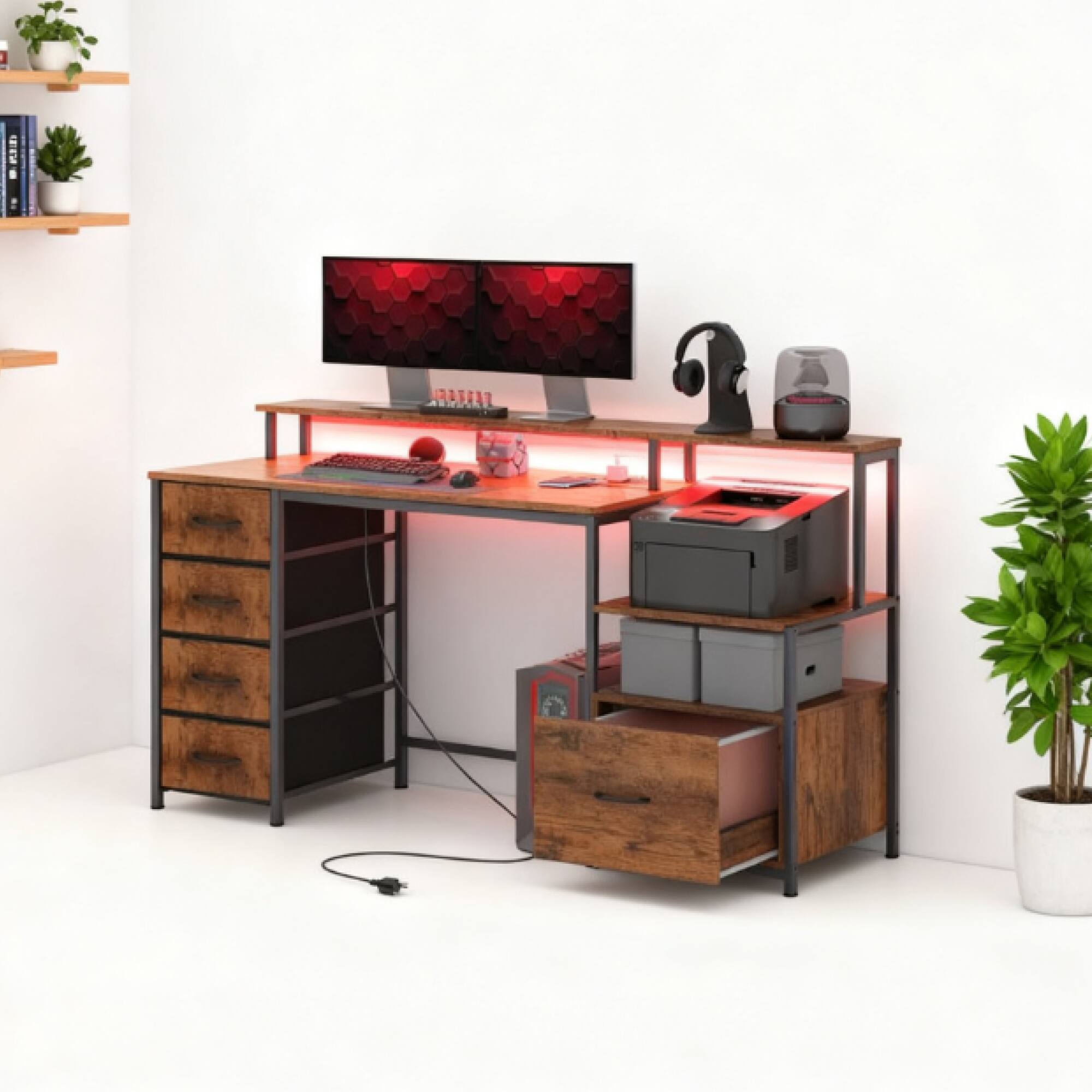 Alt View 5. GOODSILO - Modern Home Office Desk with Built-in Power Station, LED Lighting, and Storage Drawers for Gaming and Work - Black+Rustic Brown.