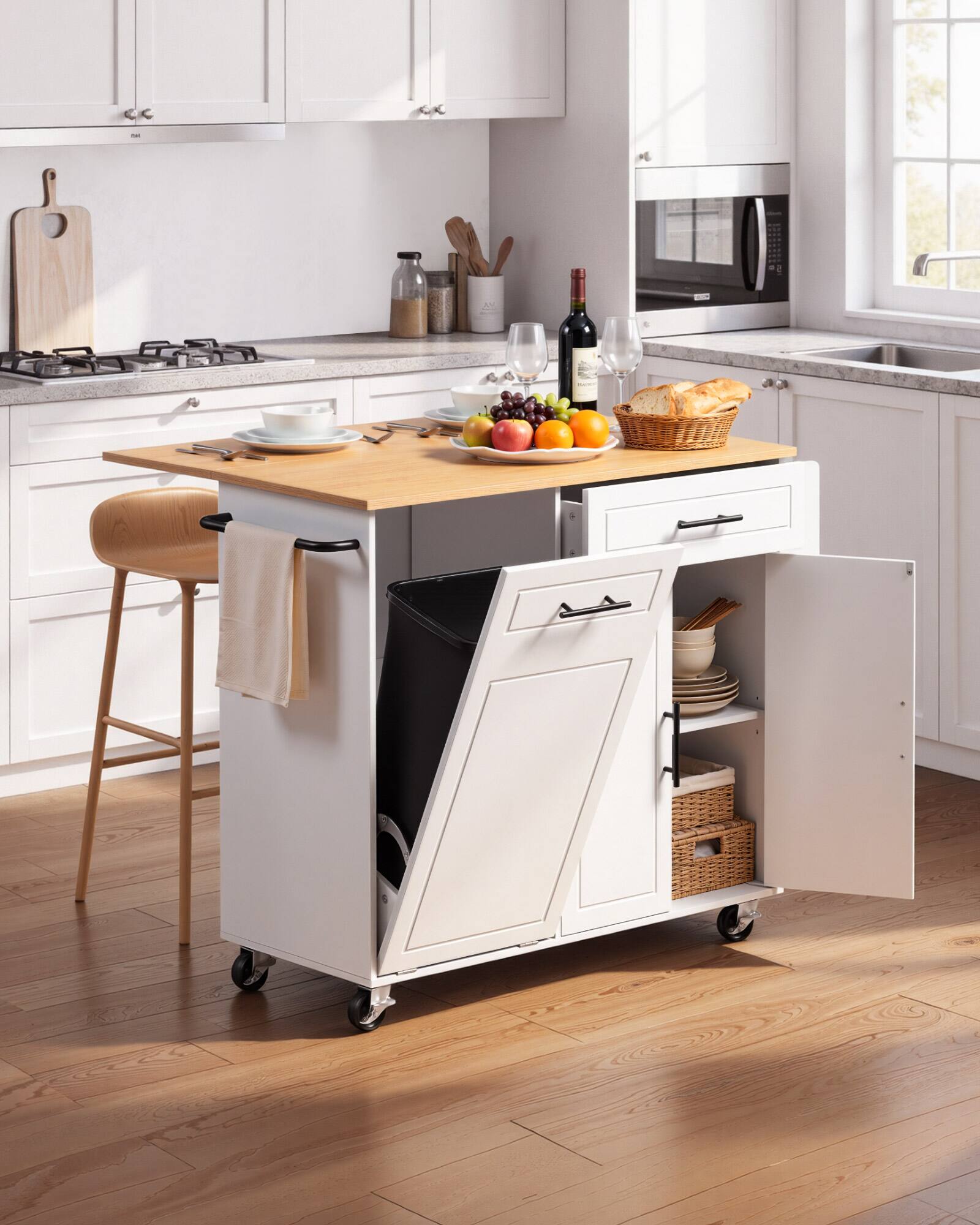 Angle. VEVOR - Kitchen Island Cart with Storage, 46.06 in Wide Mobile Rolling Storage Island on Swivel Wheels, with Drawer - White.