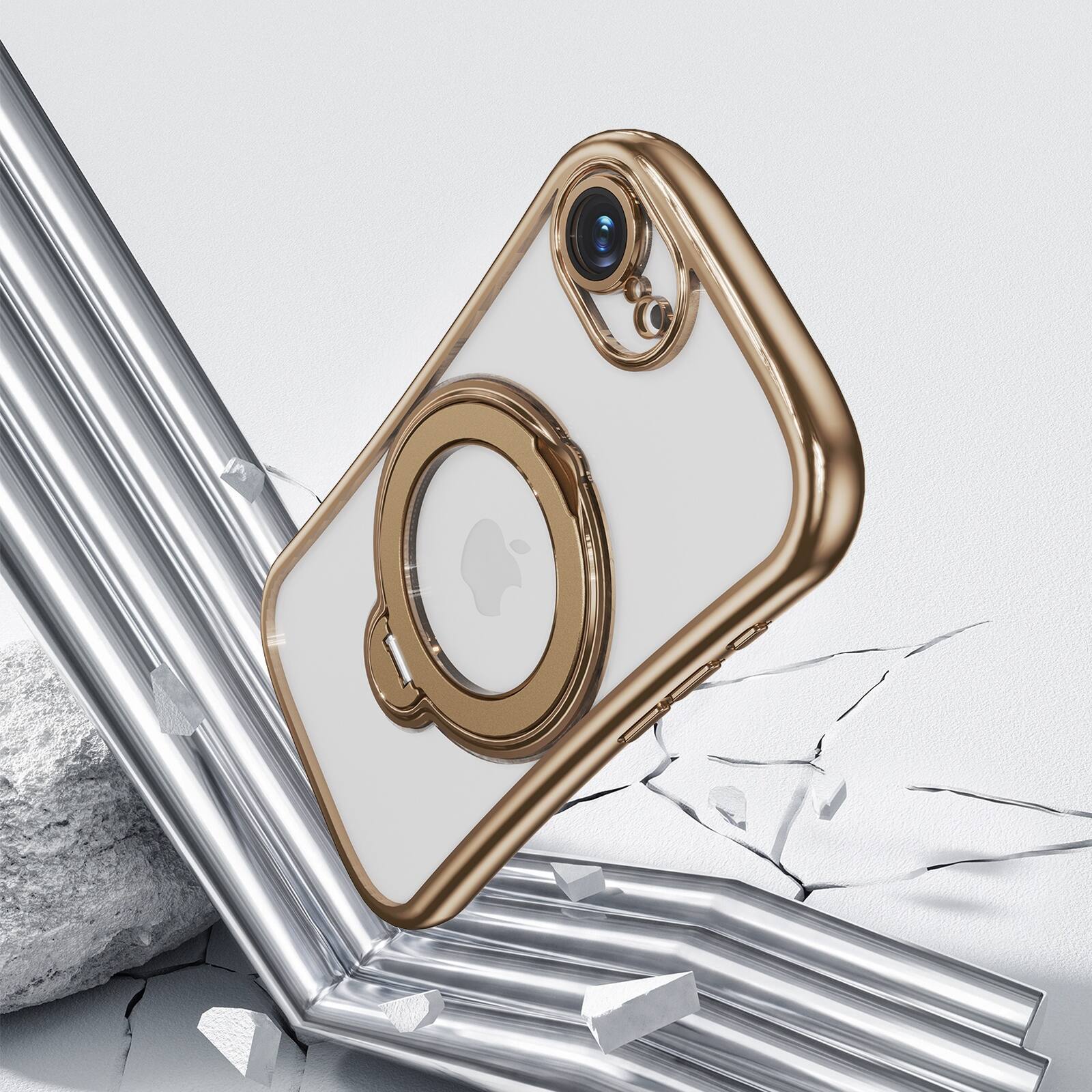 Alt View 1. UUCOVER - Magnetic Clear Case for iPhone 17e/iPhone 16e Shockproof TPU Ring Stand Camera Lens Protector Cover with Shoulder Strap - Gold.