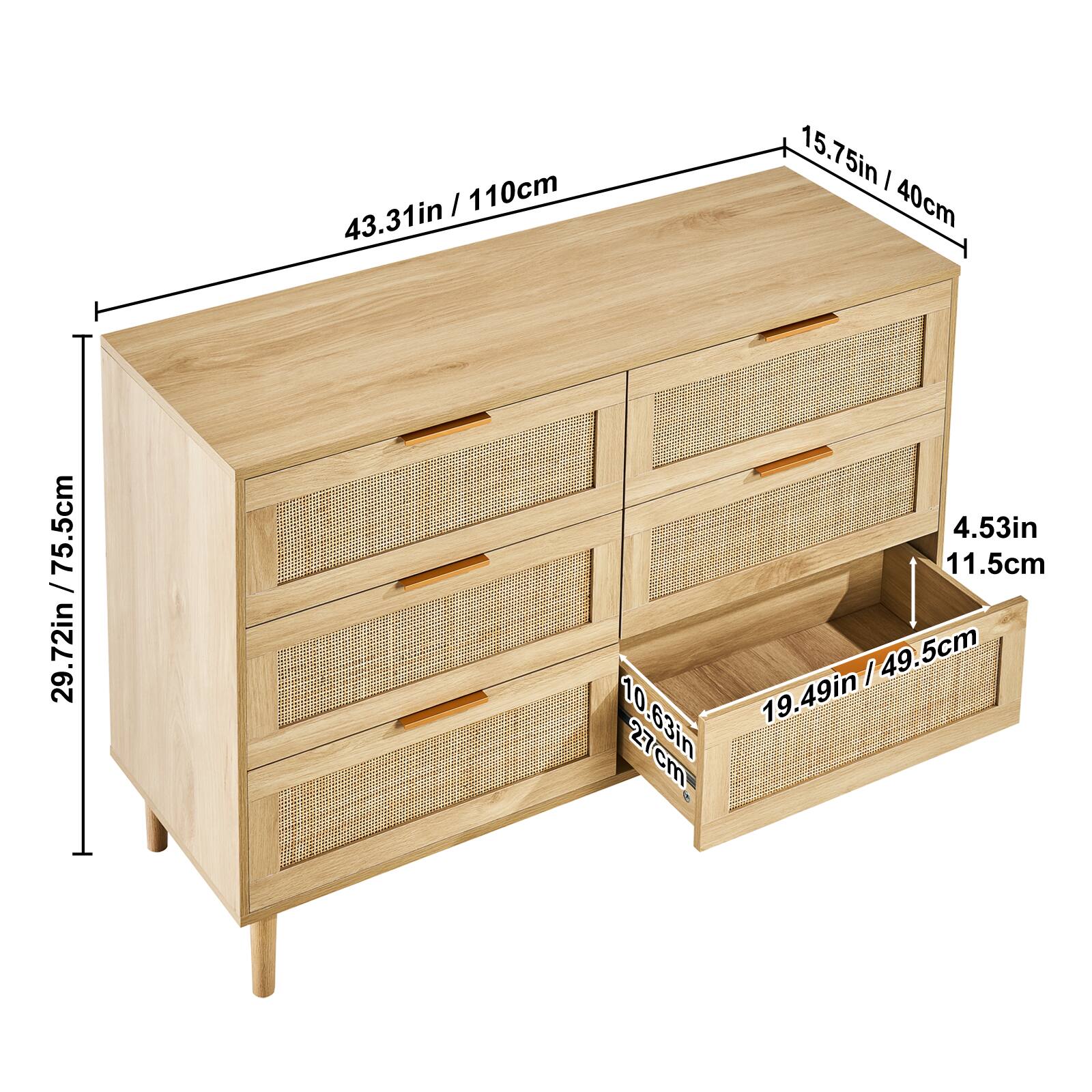 43.31in / 110cm  
15.75in / 40cm  
29.72in / 75.5cm  
4.53in / 11.5cm  
10.63in / 27cm  
19.49in / 49.5cm