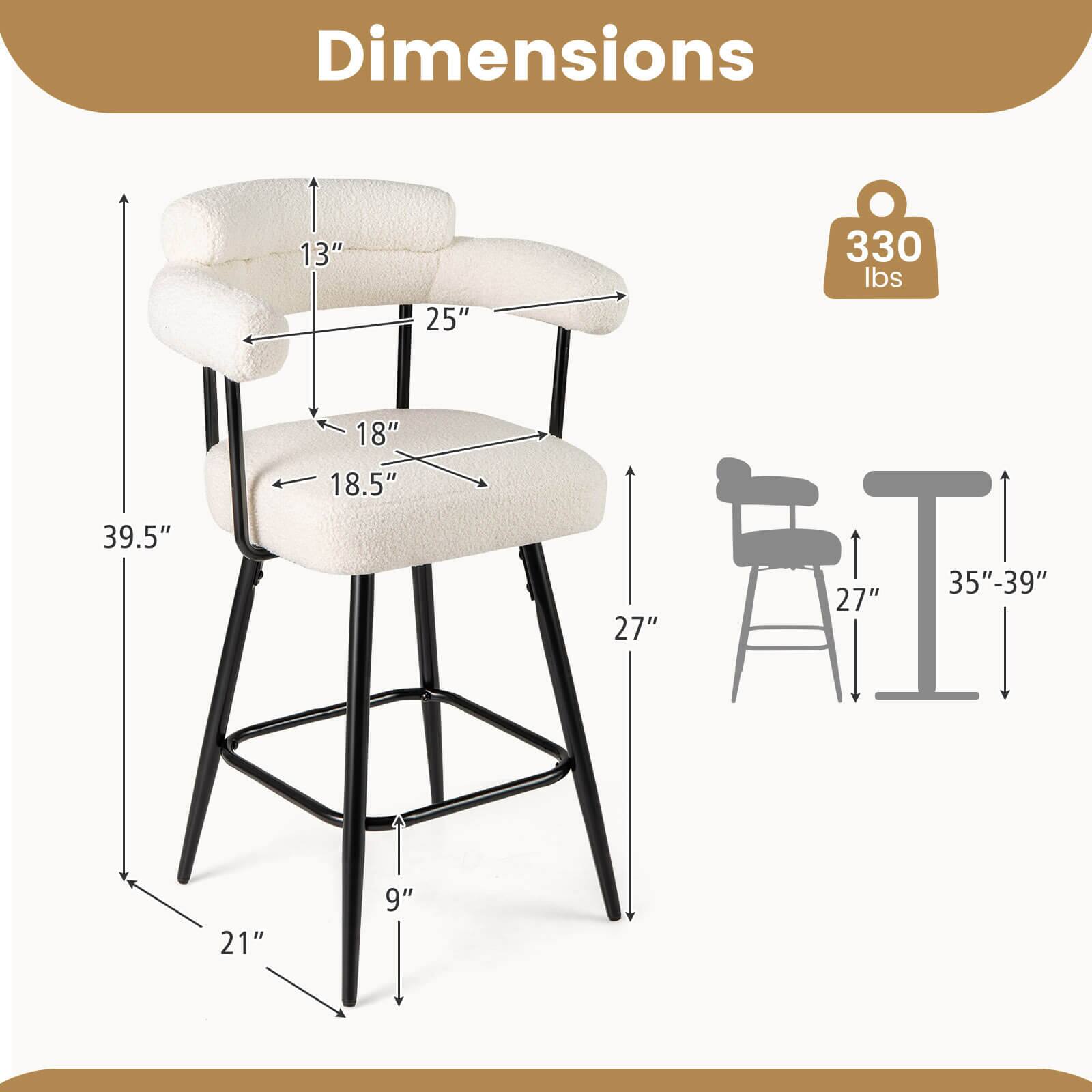 Dimensions:  
- Height: 39.5"  
- Seat Height: 27"  
- Back Height: 13"  
- Seat Depth: 18.5"  
- Seat Width: 18"  
- Armrest Height: 25"  
- Base Diameter: 21"  
- Base Height: 9"  
- Weight Capacity: 330 lbs  
- Adjustable Height Range: 35"-39"