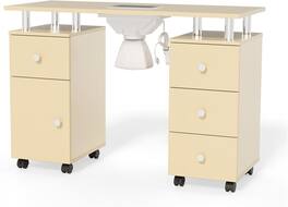 Winado - Manicure Table Nail Desk Nail Table Station with Electric Dust Collector,Lockable Wheels,Wrist Cushion,Drawers,Cabinet - Almond Cream