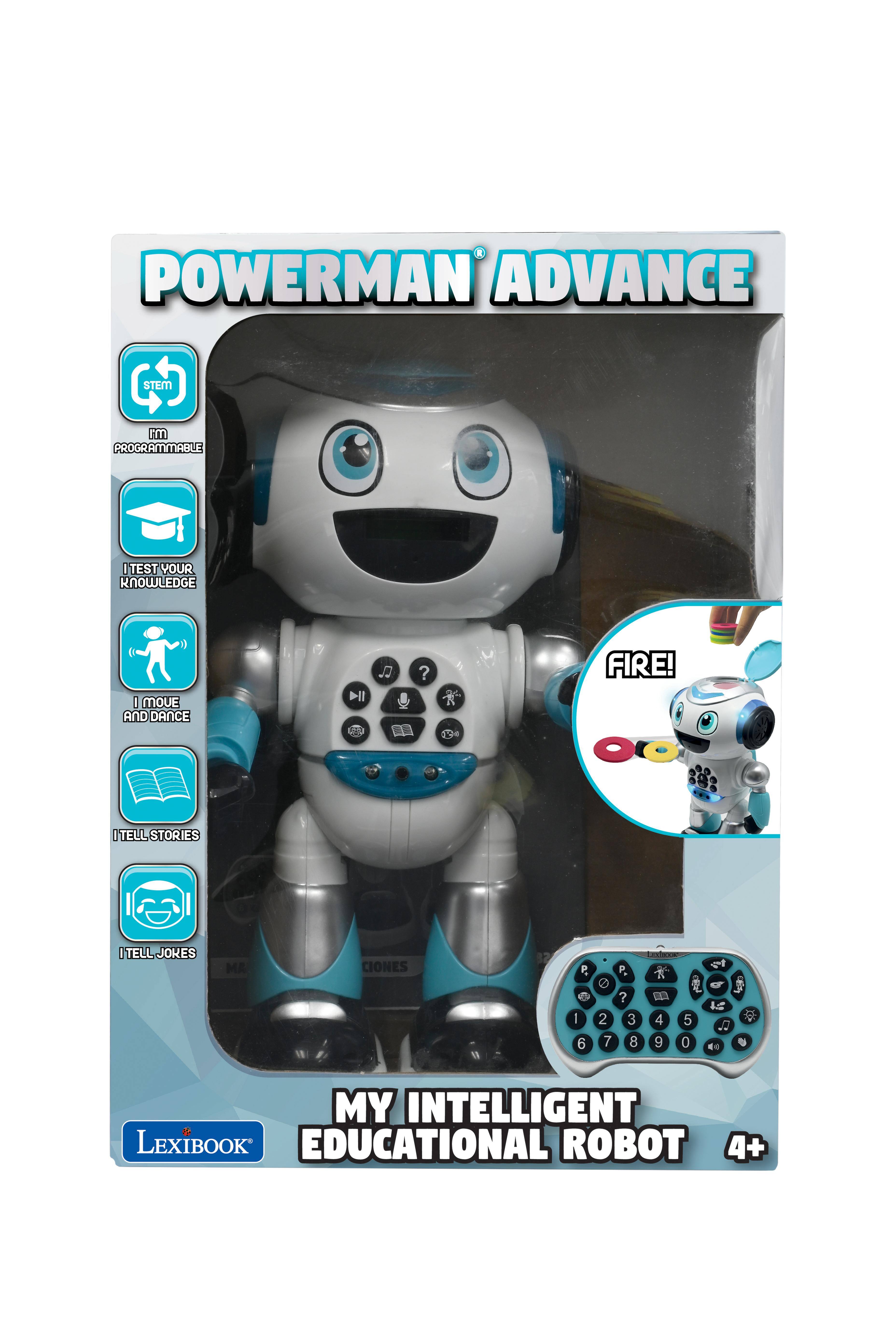 POWERMAN ADVANCE  
STEM  
I'M PROGRAMMABLE  
- TEST YOUR KNOWLEDGE  
I MOVE AND DANCE  
FIRE!  
I TELL STORIES  
I TELL JOKES  
MY INTELLIGENT LEXIBOOK EDUCATIONAL ROBOT 4+