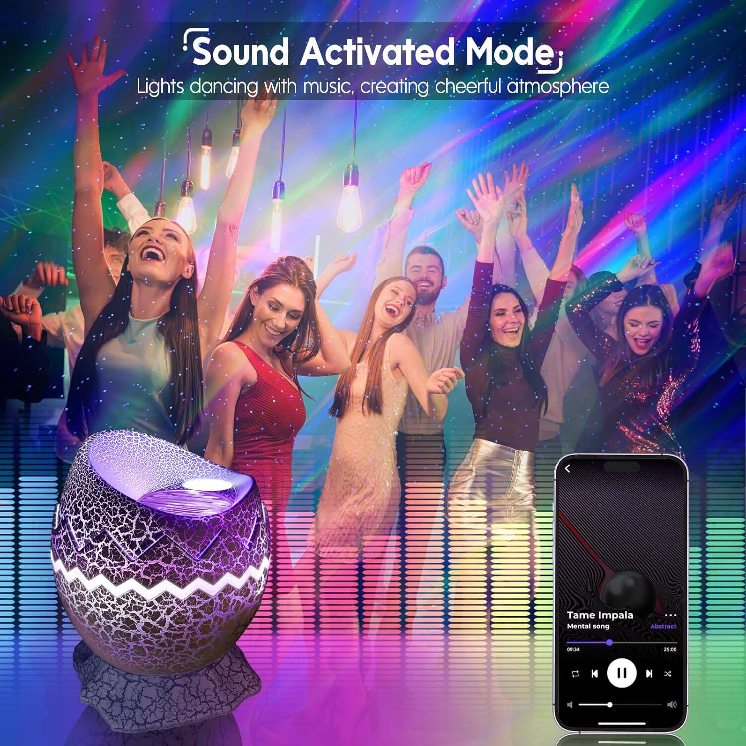 Sound Activated Mode:  
Lights dancing with music, creating cheerful atmosphere  

Tame Impala - Mental song  
Abstract  
9:34 / 9:34
