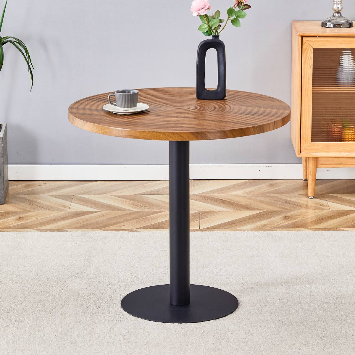 Loheer 31.5 Inch Round Dining Table with Dark Wood Grain Top and Black ...