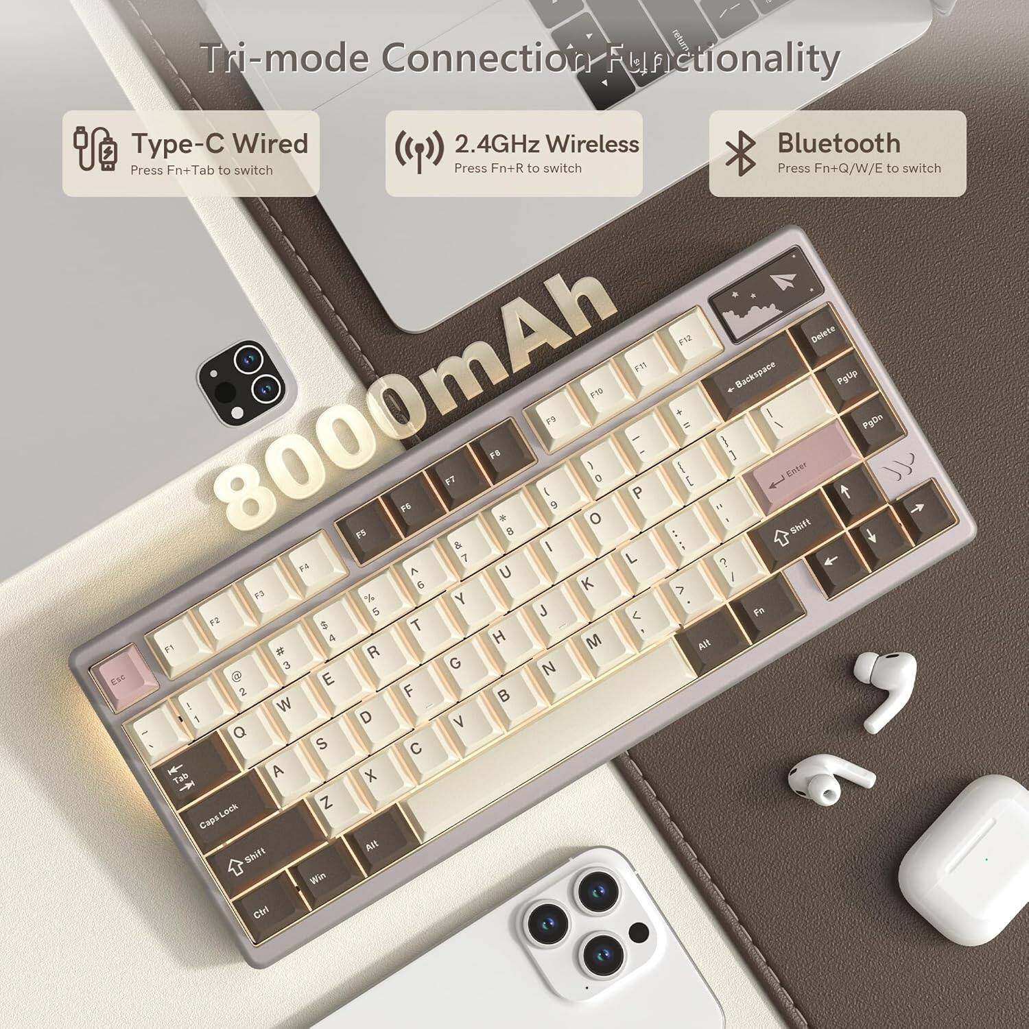 1. Tri-mode Connection Functionality
   - Type-C Wired: Press Fn+Tab to switch
   - 2.4GHz Wireless: Press Fn+R to switch
   - Bluetooth: Press Fn+Q/W/E to switch

2. F10: Setete
   - F11: Backspace

3. 8000mAh

4. Keyboard Layout:
   - F1: Esc
   - F2: $
   - F3: %
   - F4: ^
   - F5: &
   - F6: *
   - F7: (
   - F8: )
   - F9: _
   - F10: +
   - F11: Backspace
   - F12: Insert

5. 1: ! 2: @ 3: # 4: $ 5: % 6: ^ 7: & 8: * 9: ( 0: ) -: _ =: + \: | : ; : ' : " : < : > : ? : / : Enter

6. Q: W: E: R: T: Y: U: I: O: P: [ : ] : \