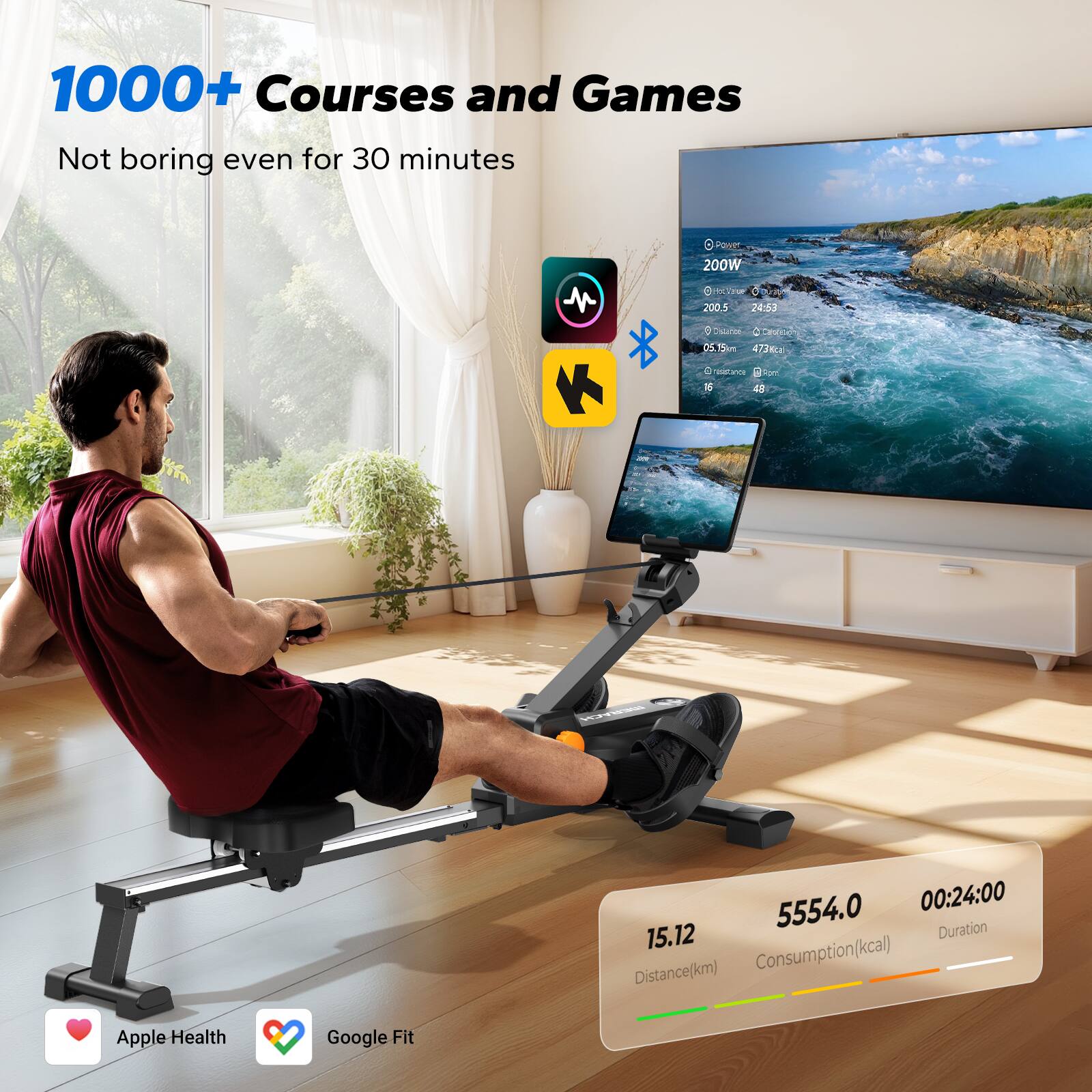 1000+ Courses and Games  
Not boring even for 30 minutes  

Duration: 24:53  
Distance (km): 15.12  
Consumption (kcal): 5554.0  

Apple Health  
Google Fit