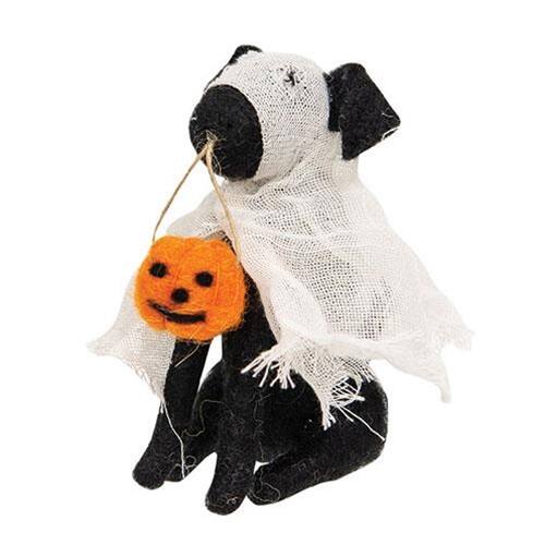 Front. BreeBe - Felted Ghost Dog Ornament - Black, White, Orange.