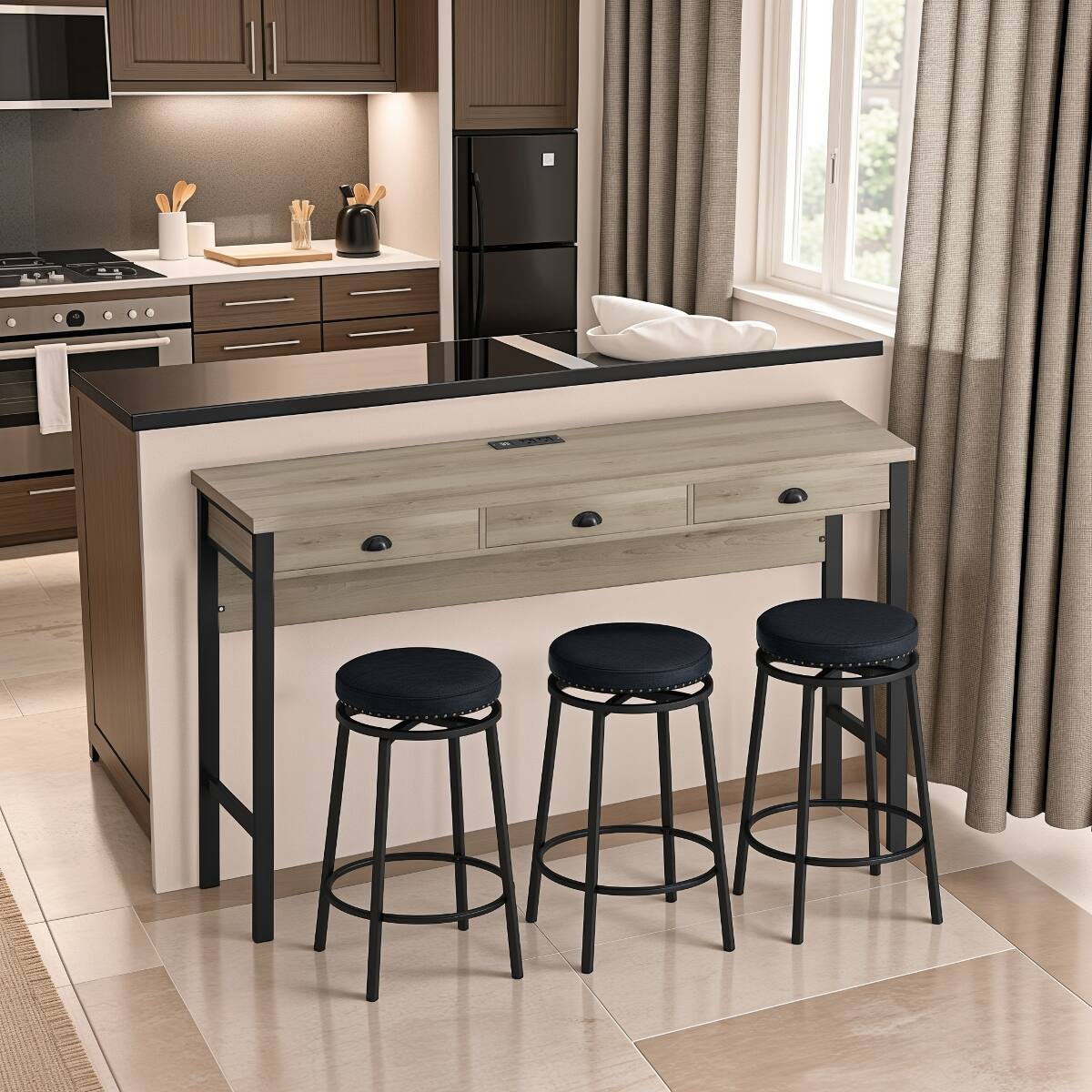 Angle. Loheer - Loheer Dining Table Set With Three Stools and Tabletop Power Outlets, Brown Gray and Black - Brown Gray Table and Black Stool.