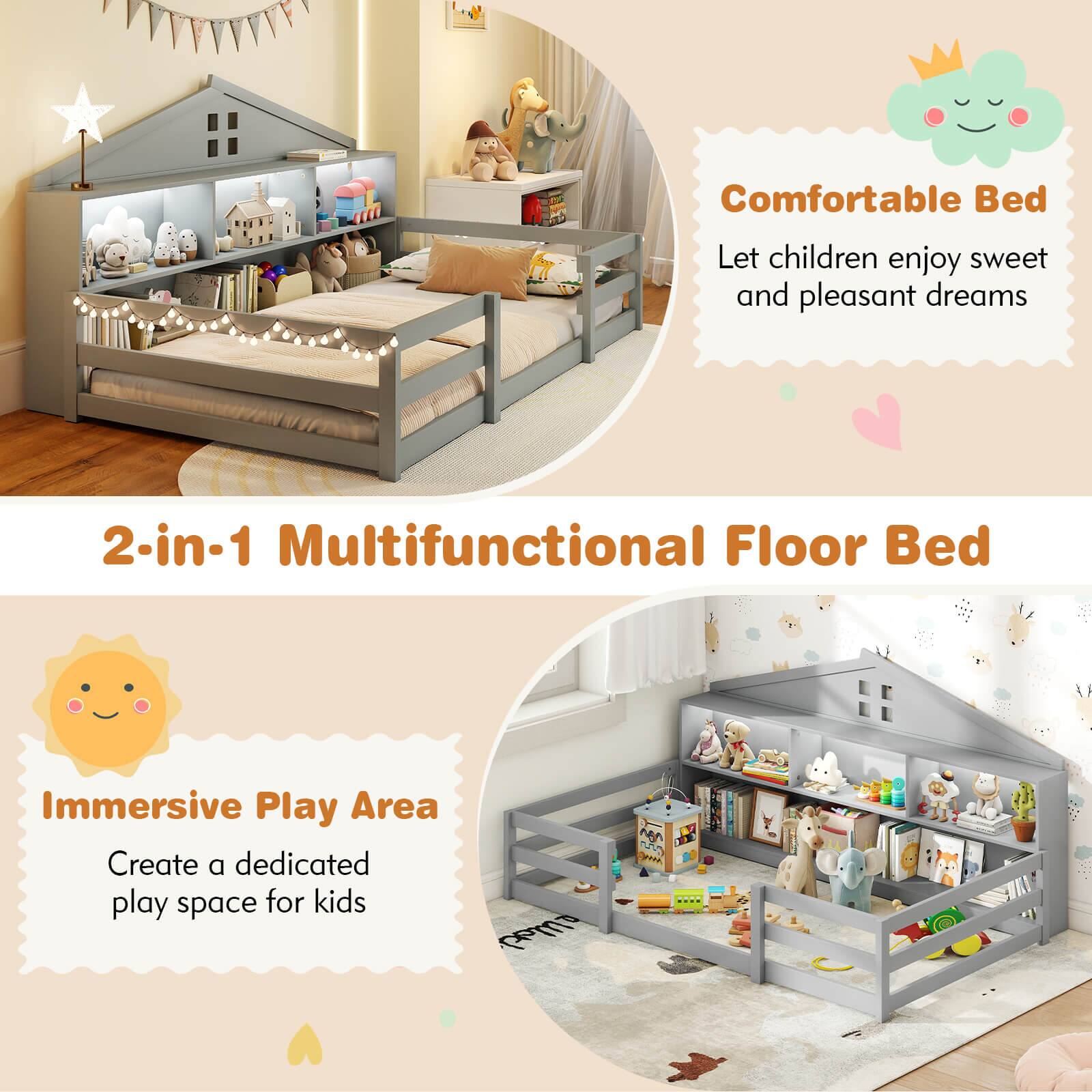 Comfortable Bed  
Let children enjoy sweet and pleasant dreams  

2-in-1 Multifunctional Floor Bed  

Immersive Play Area  
Create a dedicated play space for kids