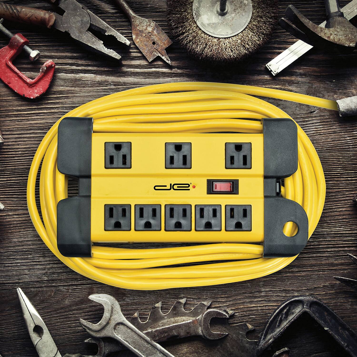 Alt View 1. Digital Energy - 8-AC Outlet 1,050-Joule Heavy-Duty Metal Surge Protector Power Strip with Cord Management, 15-Ft Cord - Yellow.