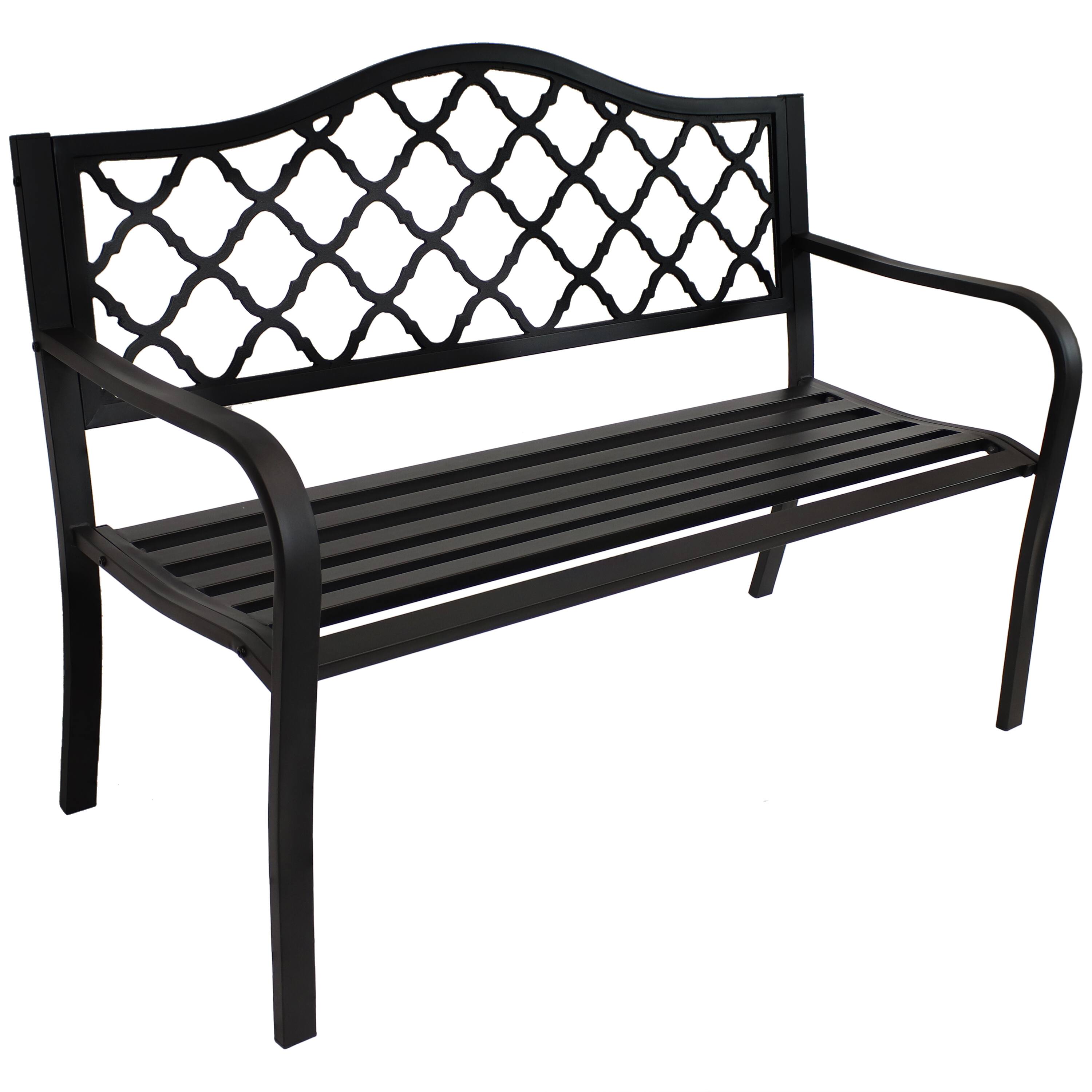 Front. Sunnydaze - 2-Person Lattice Cast Iron Outdoor Garden Bench - Black.