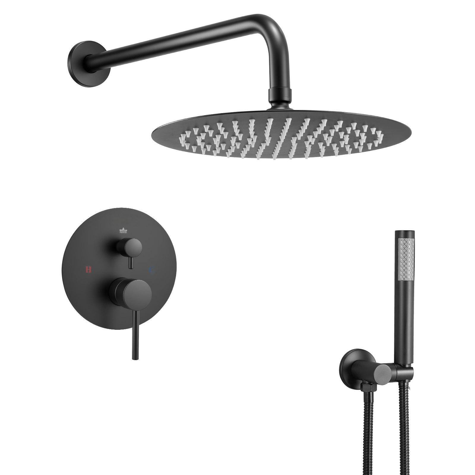 Alt View 9. Glintex - Shower Faucet Set, 10 in Round Rain Shower System with Handheld, Wall Mount, Brass Valve and Trim Kit - Matte Black.