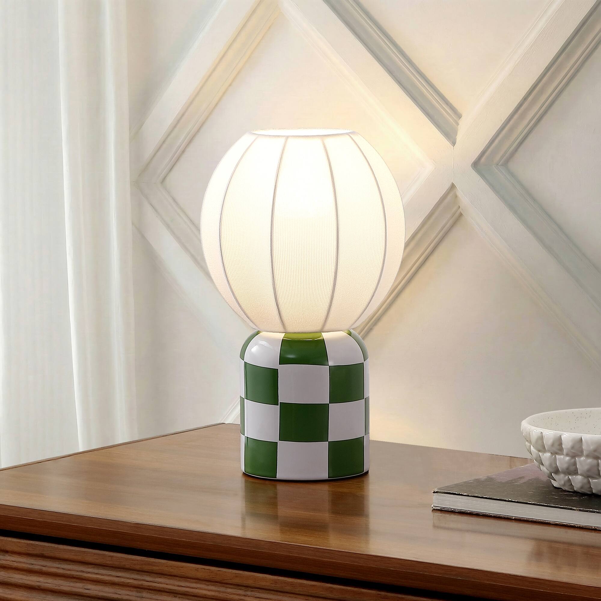 Alt View 1. Jonathan Y - Valarie 10.3 in. Contemporary Checkerboard Ceramic with Ribbed Cocoon Globe Shade LED Mini Table Lamp, Green/White - Green/White.