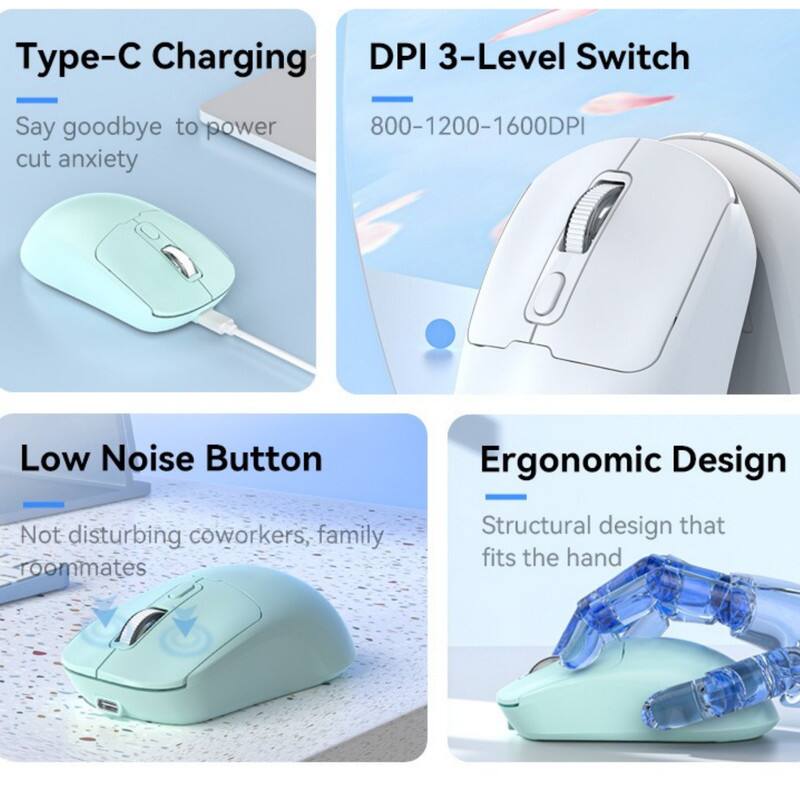 - Type-C Charging
  - Say goodbye to power cut anxiety

- DPI 3-Level Switch
  - 800-1200-1600DPI

- Low Noise Button
  - Not disturbing coworkers, family roommates

- Ergonomic Design
  - Structural design that fits the hand