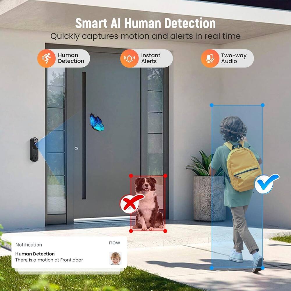 Smart AI Human Detection  
Quickly captures motion and alerts in real time  

- Human Detection  
- Instant Alerts  
- Two-way Audio  

Notification  
Human Detection  
There is a motion at Front door