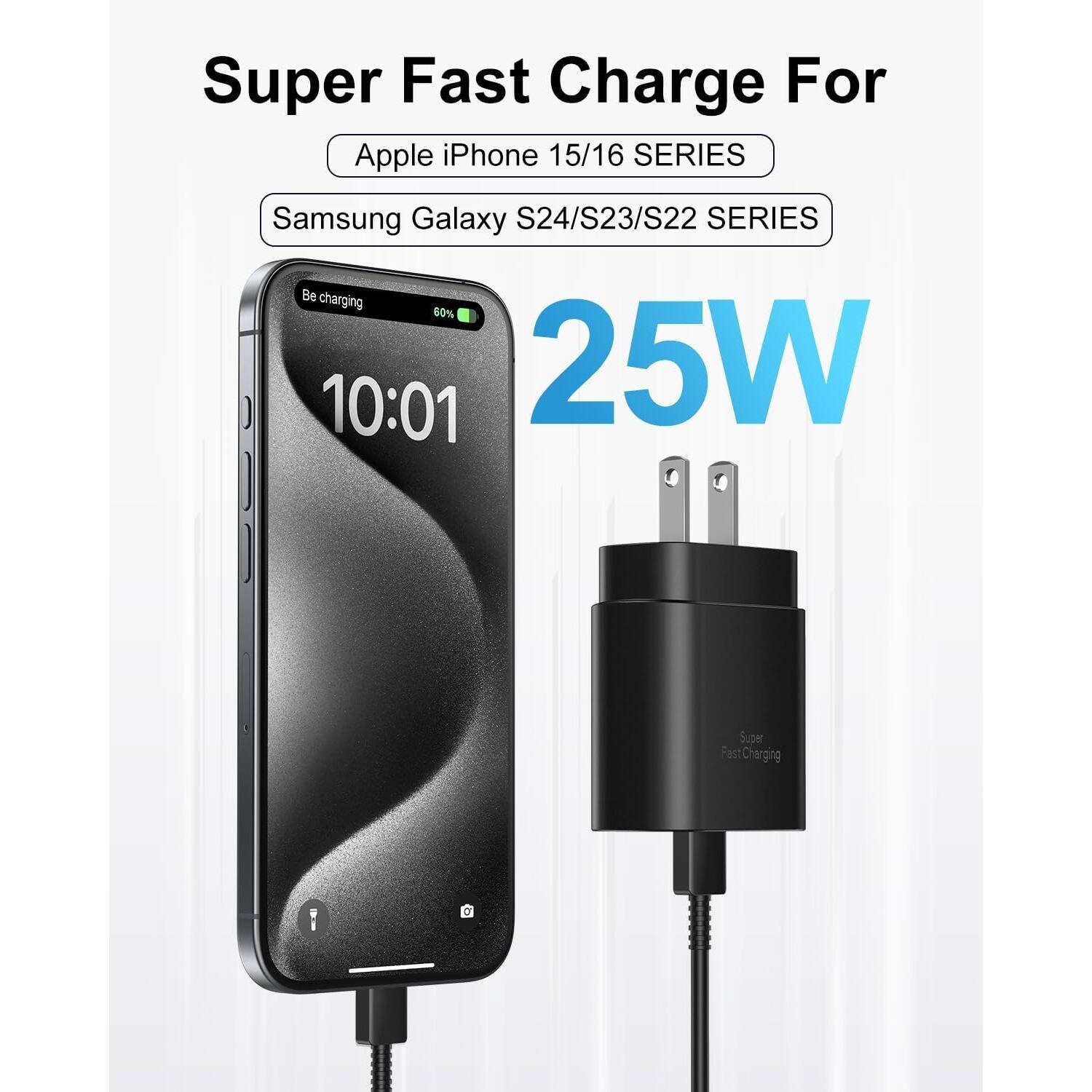 Super Fast Charge For Apple iPhone 15/16 Series Samsung Galaxy S24/S23/S22 Series 25W Super Fast Charging