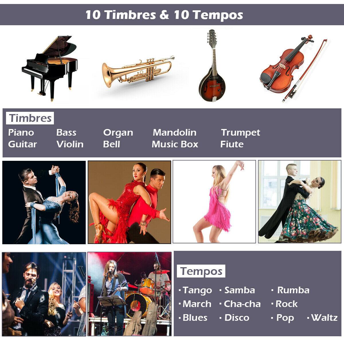 10 Timbres & 10 Tempos:

1. Timbres: Piano, Bass, Guitar, Violin, Organ, Mandolin, Trumpet, Bell, Music Box, Flute
2. Tempos: Tango, Samba, Rumba, March, Cha-cha, Rock, Blues, Disco, Pop, Waltz
