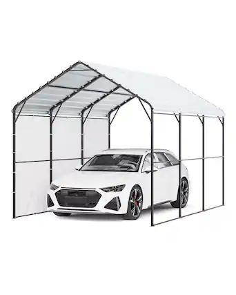 Front. VEVOR - Heavy Duty Metal Carport, 10' x 15' Outdoor Carport with Galvanized Steel Frame & Roof, Car Tent Garage Shade - Gray.